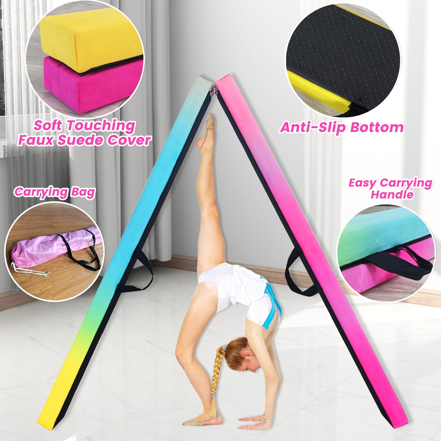 FC FUNCHEER 8FT Folding Balance Beam -Gymnastics Floor Beam -Gymnastics Equipment for Kids,Wood core- Anti-Slip Bottom and Carrying Bag for Home (Suede, Gradient Rainbow)