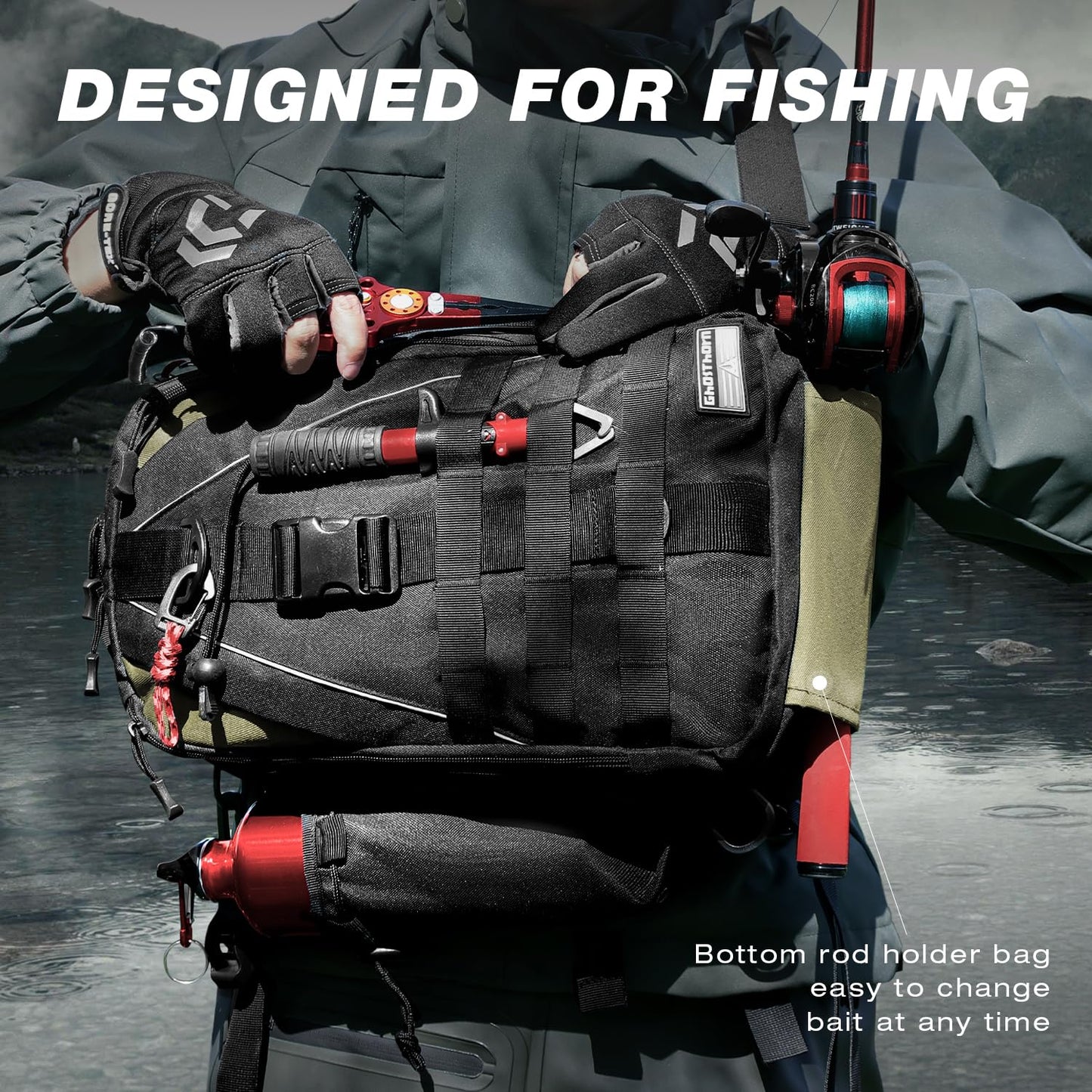 Ghosthorn Fishing Tackle Backpack Storage Bag - Outdoor Shoulder Backpack - Fishing Gear Bag Large Black