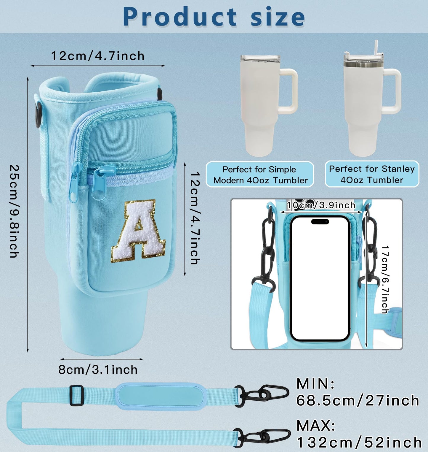 Aganmi Initial Water Bottle Carrier Bag with Phone Pocket for Stanley 40Oz Cup Accessories,Water Bottle Holder with Shoulder Strap Mothers Day Birthday Gifts for Women Mom Teacher Friend (Blue S)