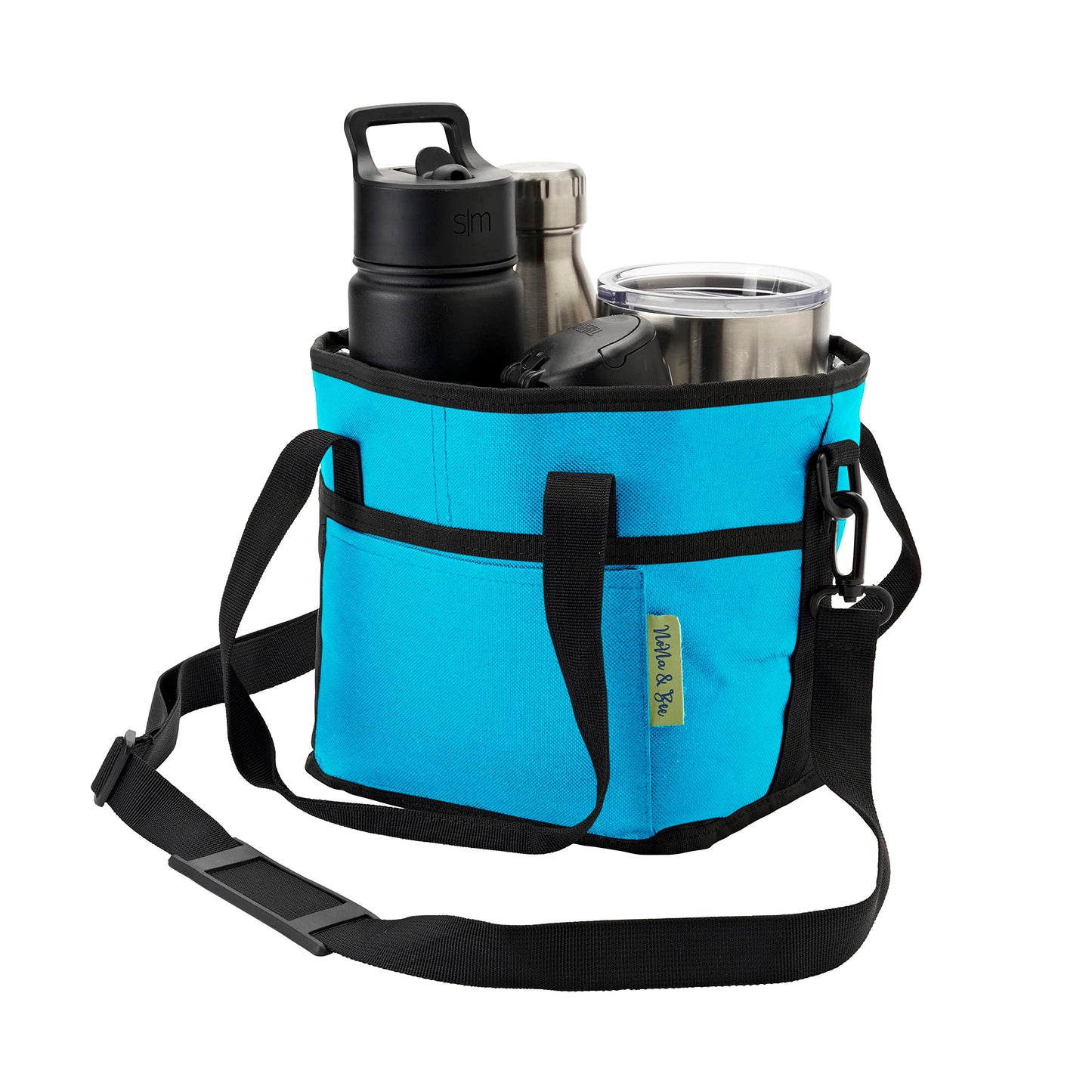 4 Water Bottle Holder with Strap | Family Size 4 Compartment Drink Bag, Multiple Tumbler Carrier Caddy | Adjustable Fits Large & Small Drinks | Hands Free, Won't Tip Over in Car (Blue)