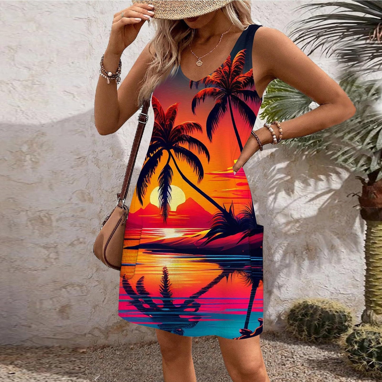 Generic Summer Dresses for Women 2024 Boho Tank T-Shirts Dress Printed Casual Sundress with Pockets Loose Sleeveless Dress Vestidos Playeros para Mujer 2024 Awim Suit Coverup(1-Red,Medium)