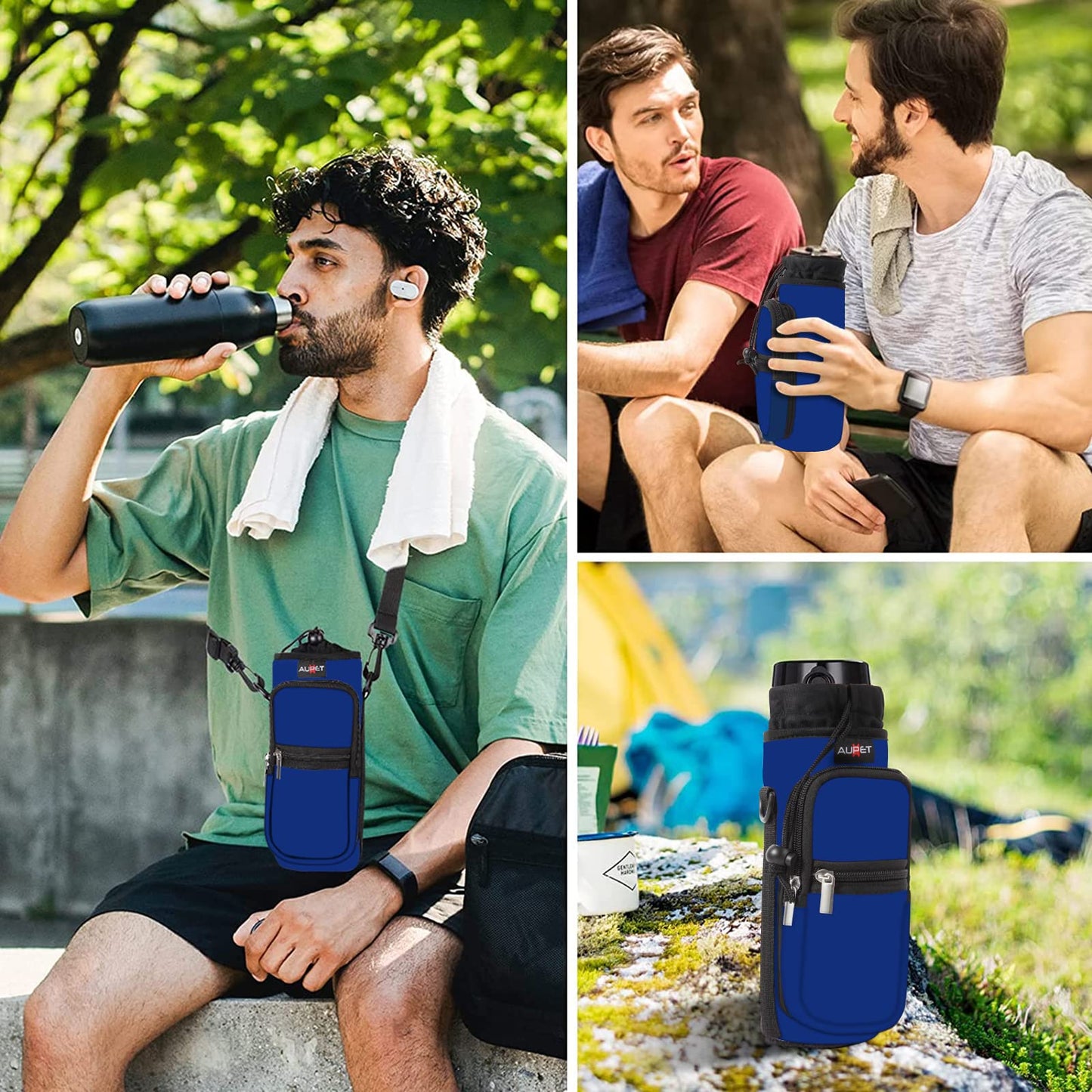 AUPET Water Bottle Sling Bag Sleeve Holder Carrier 25/32/40/64 oz,Insulated Crossbody Water Bottle Case Cover with Strap and Pockets for Men/Women Walking Hiking Camping (25oz, Grey camouflage)