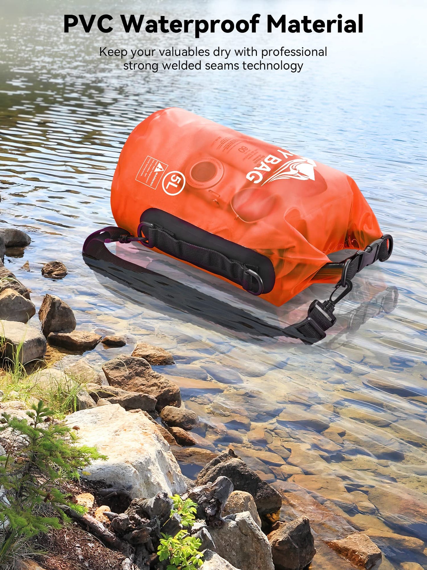 HEETA Waterproof Dry Bag for Women Men, Roll Top Lightweight Dry Storage Bag Backpack with Phone Case for Travel, Swimming, Boating, Kayaking, Camping and Beach, Transparent Orange 5L