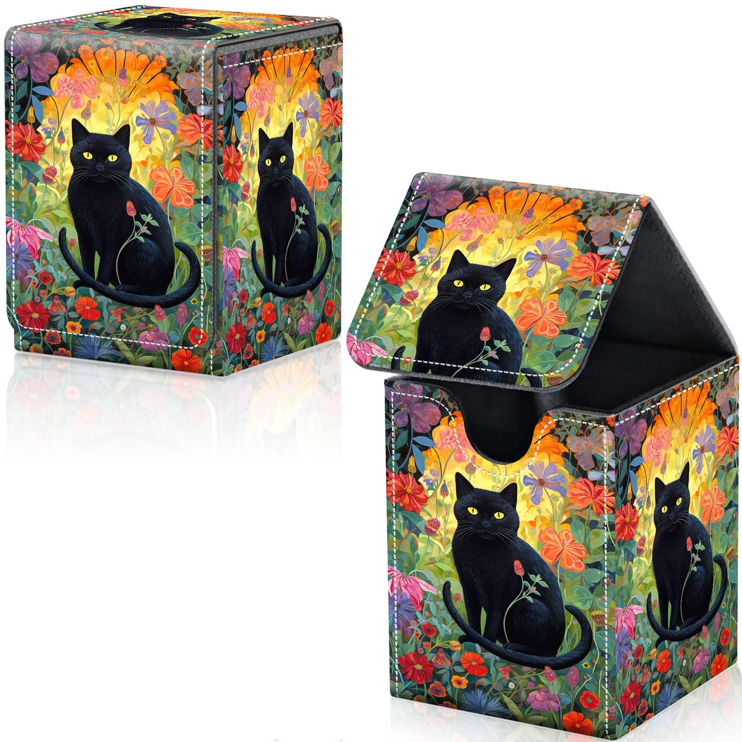 Qindaiwen Card Deck Box for Trading Cards, MTG Deck Box Fits 100+ Single Sleeved Cards, PU Leather Strong Magnet Card Deck Case Holder for Magic Commander TCG CCG, Cat Floral