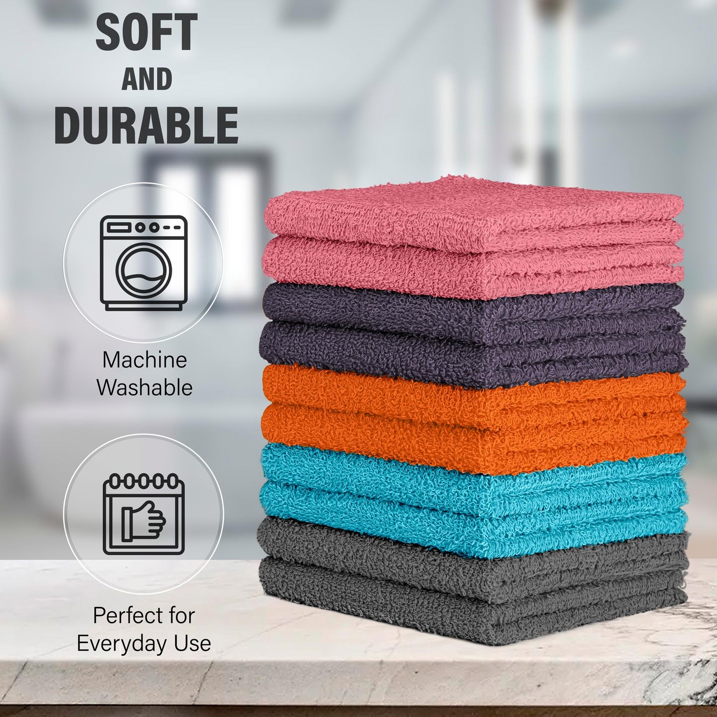 DecorRack 10 Pack 100% Cotton Wash Cloth, Luxurious Soft, 12 x 12 inch Ultra Absorbent, Machine Washable Washcloths, Assorted Set 4 (10 Pack)