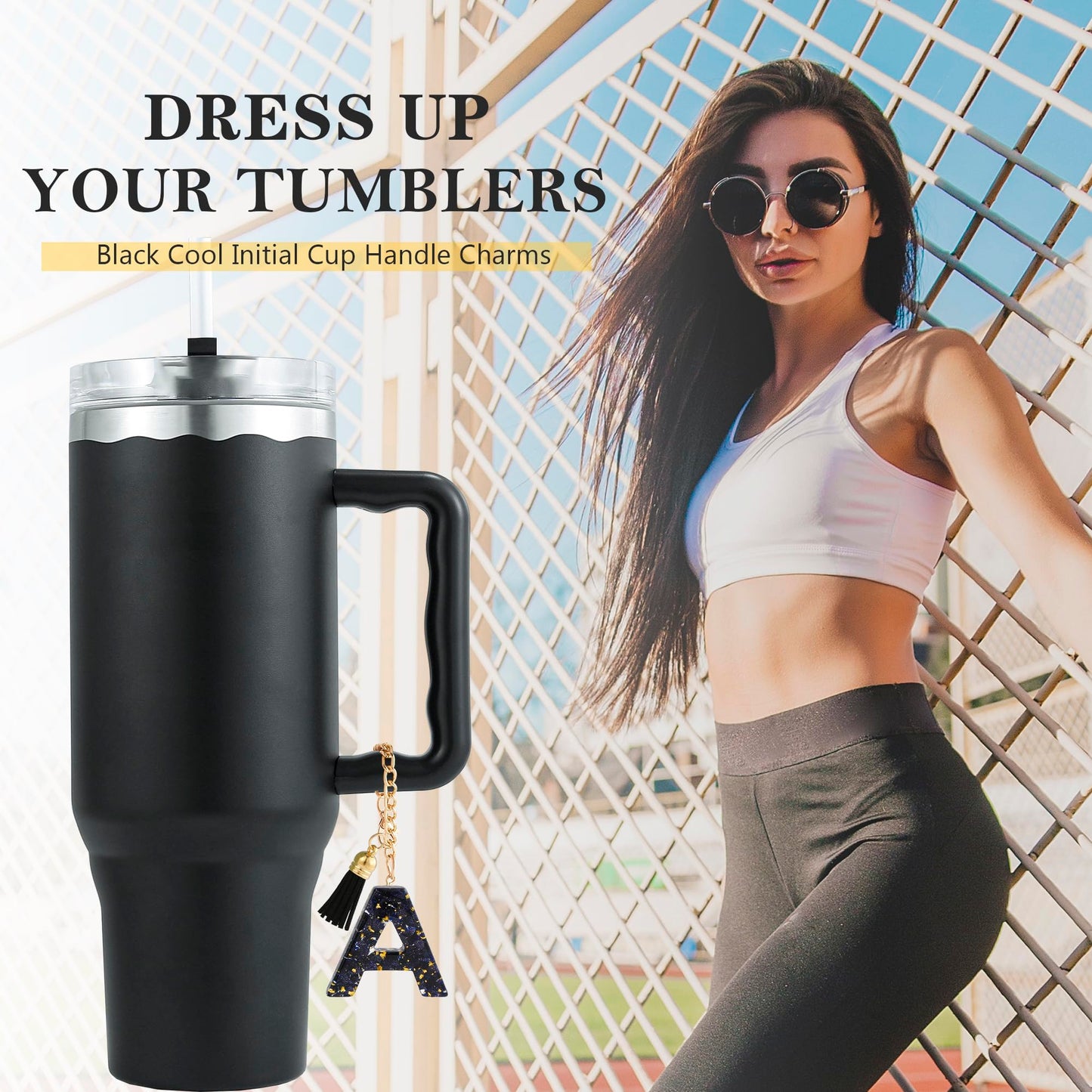 Letter Charm Accessories for Stanley Cup 1 PCS Cute Initial Keychain Handle Charm for Stanley Tumbler for Women Black Letter A