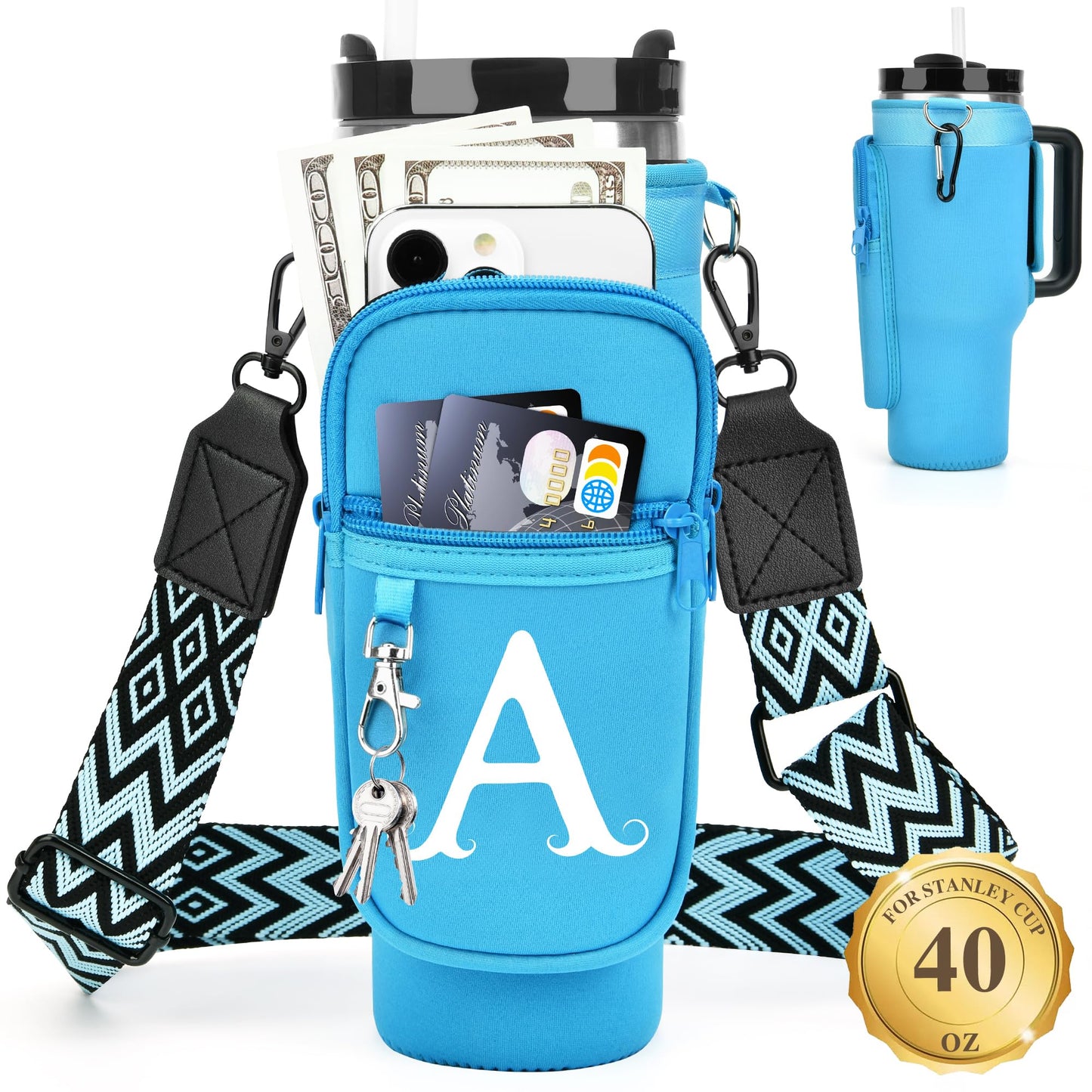 Initial Water Bottle Holder with Strap for Stanley 40 oz Tumbler, for Simple Modern 40 oz Tumbler, Graduation Gift with Phone Pocket, Carabiner, Personalized Gift for Stanley Cup Accessories Blue A