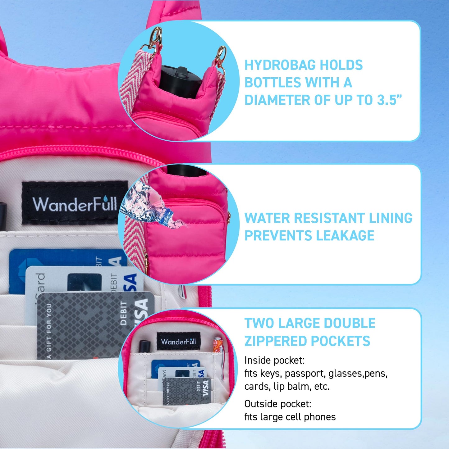 WanderFull Original Crossbody HydroBag | Quilted Water Bottle Carrier | Puffer Tote Tumbler Holder with Pockets for Purse, Phone & Accessories | Carry Travel Essentials (Pink/Patterned Strap)