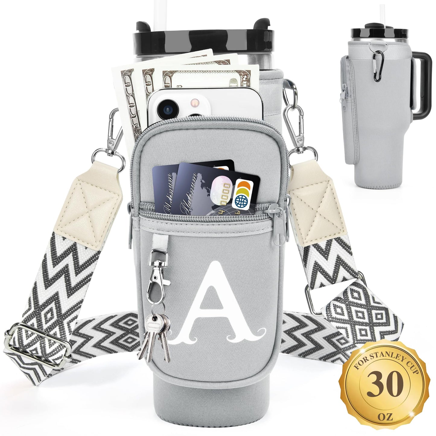 LOKASS Initial Water Bottle Holder with Upgrade Canvas Strap for Stanley 30 oz Tumbler, Gift for Mom Mother's Day Day gifts with Phone Pocket, Personalized Accessories for Stanley Cup, Grey - A