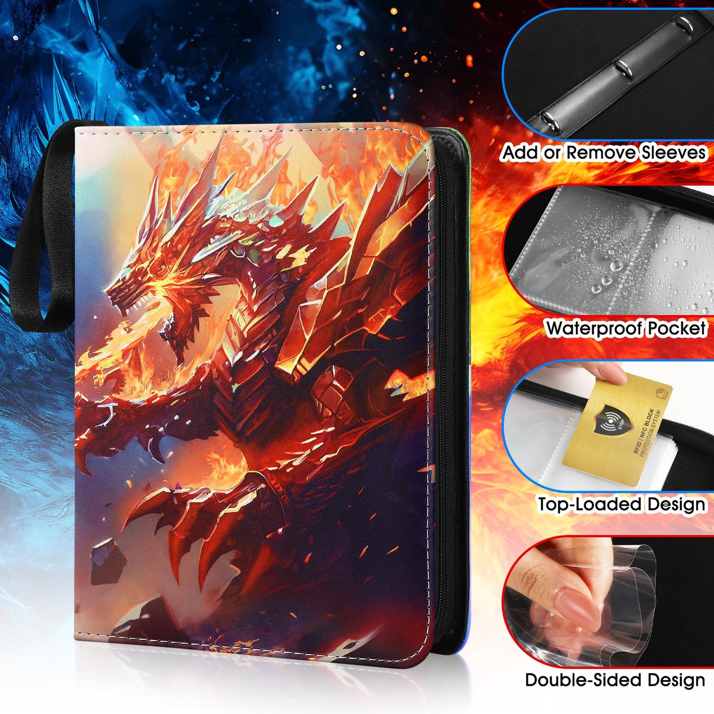 Trading Card Binder with Removable Sleeves, 3-Ring Card Holder with Zipper, Carrying Case Binder Album, Book Folder Storage Organizer (9 pocket with 900 cards)