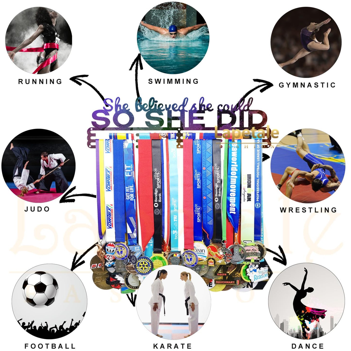 Lapetale Fashion Medal Hanger Holder Display Wall Rack Frame Shelf in 16" long-Medal Hanger Awards Ribbon Cheer,gymnastics,soccer,softball Holder Display Custom Rack for Sports Medals Easy to Install