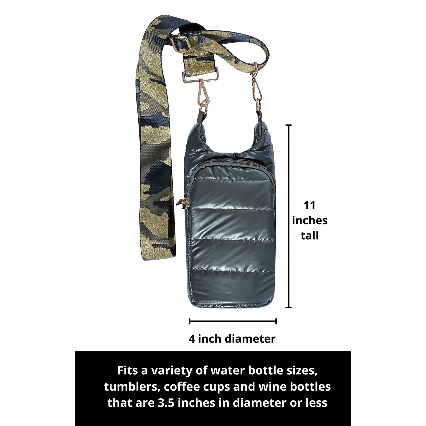 WanderFull Original Crossbody HydroBag | Quilted Water Bottle Carrier | Puffer Tote Tumbler Holder with Pockets for Phone & Accessories | Carry Travel Essentials (Army Green&Gold/Camouflage Strap)