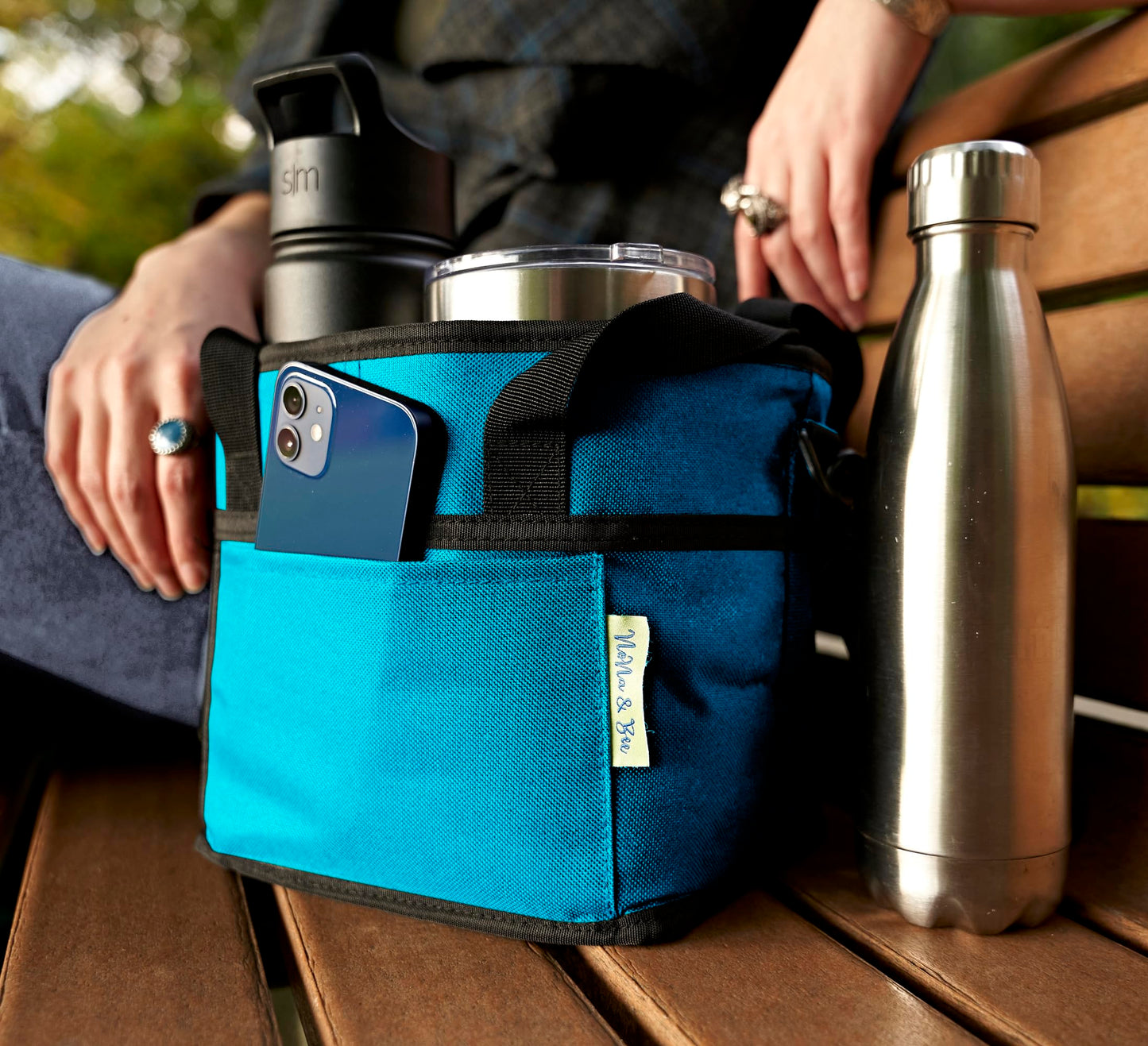 4 Water Bottle Holder with Strap | Family Size 4 Compartment Drink Bag, Multiple Tumbler Carrier Caddy | Adjustable Fits Large & Small Drinks | Hands Free, Won't Tip Over in Car (Blue)