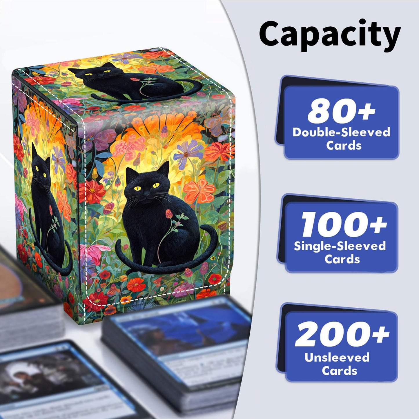 Qindaiwen Card Deck Box for Trading Cards, MTG Deck Box Fits 100+ Single Sleeved Cards, PU Leather Strong Magnet Card Deck Case Holder for Magic Commander TCG CCG, Cat Floral