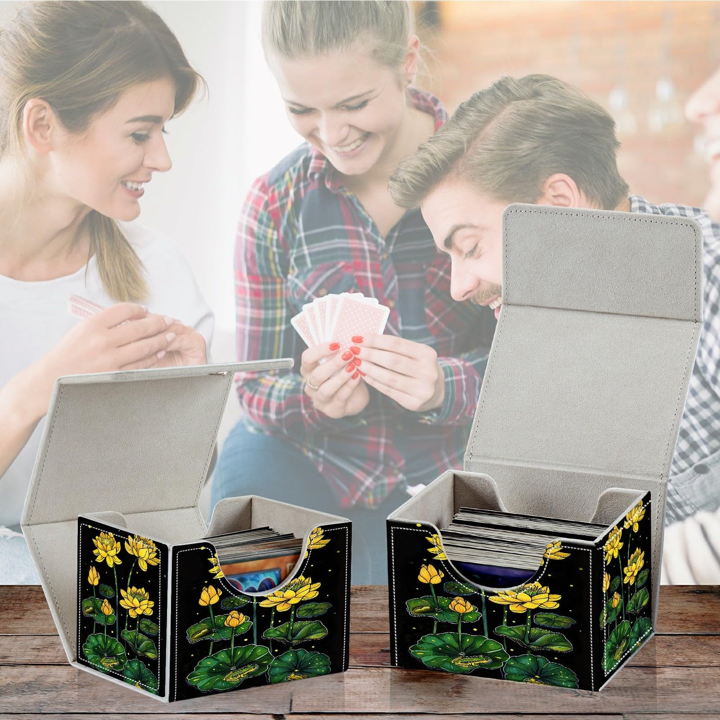 RWUTYTIUL Card Deck Box for MTG Cards, Card Storage Box Fits 100+ Sleeved Cards, PU Leather Large Size Strong Magnet Card Deck Case Holder for Board Game Magic MTG TCG CCG, Yellow Lotus