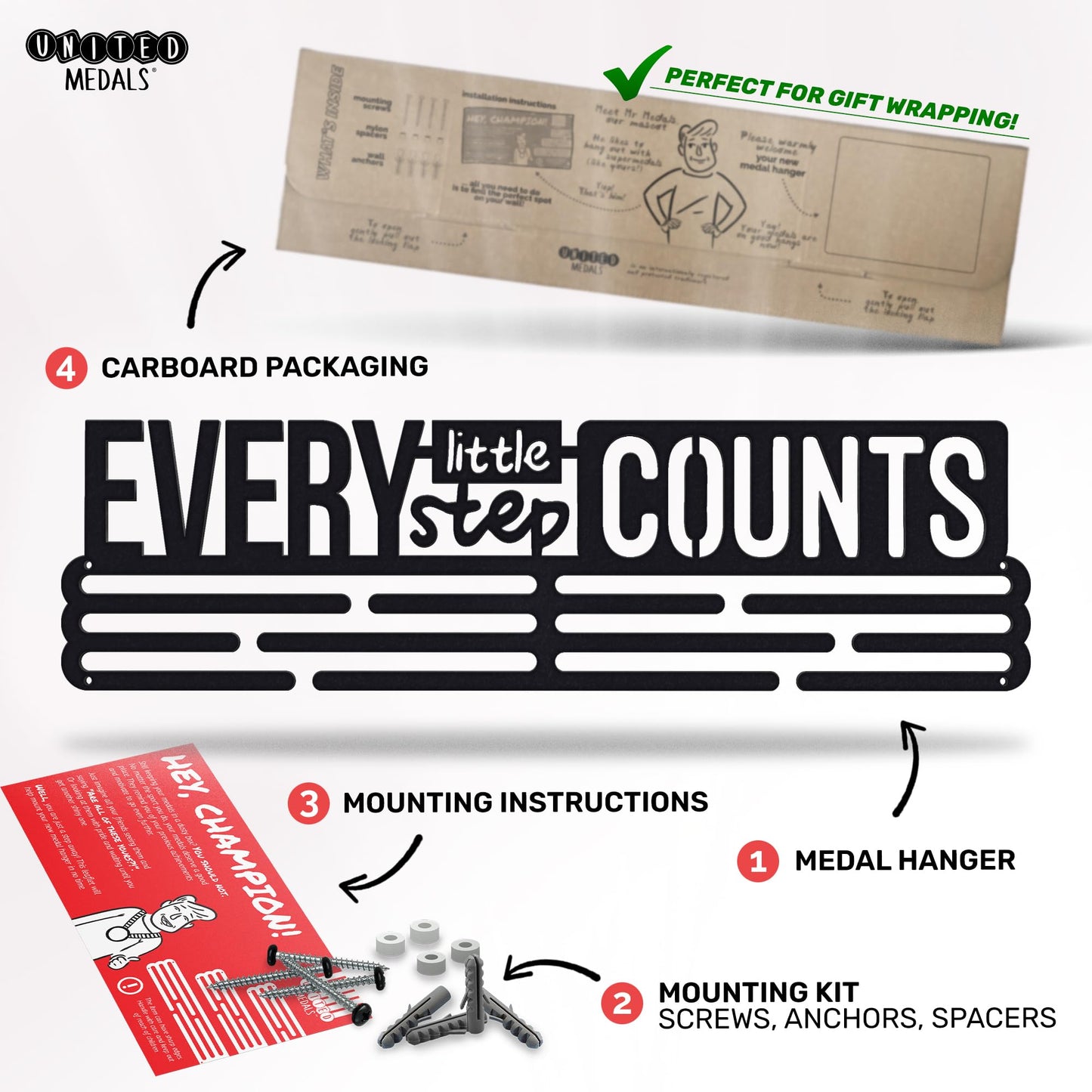 Sports Medal Hanger Display Race Every Little Step Counts | Black Race Medal Holder Awards Wall Mount | Running Marathon Race Medal Display for Wall | Steel medal holder for wall holds up to 48 Medals