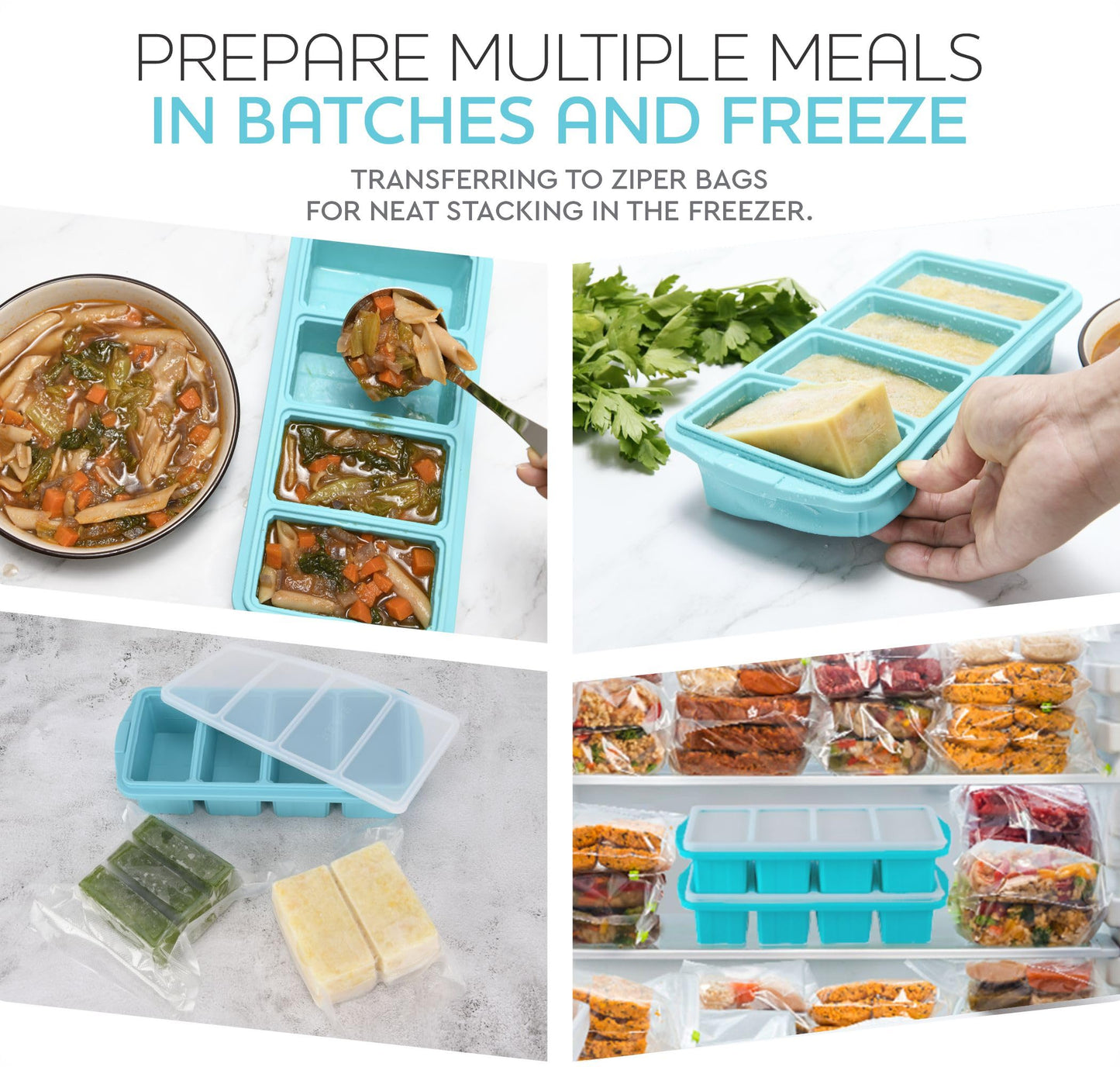 XOMOO Silicone Freezer Tray With Lid - Soup Freezer Container molds - Large Ice Cube Tray- makes 8 perfect 1 cup portions cubes, 2-Pack Freezer Storage Food Soups & Meal Prep - Oven & Dishwasher -Safe