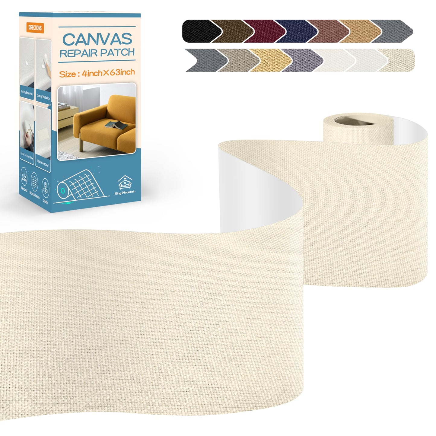 KING MOUNTAIN Canvas Repair Tape,Outdoor Gear Patch, 4×63 Inches,Waterproof,Self-Adhesive for Repairing Boat Covers,Sun Shades,Sofas,Tents,Lounge Chairs,Awnings (Beige2.0)