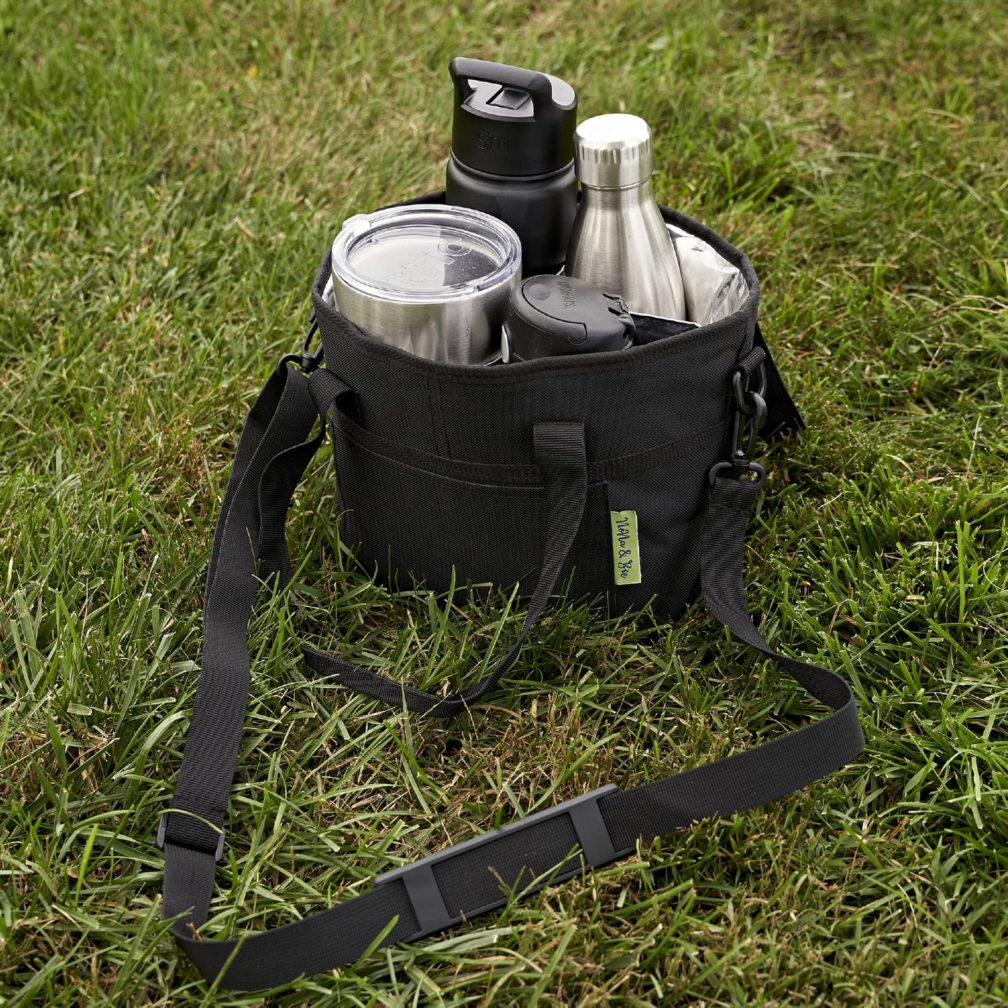 NoNa & Bee 4 Water Bottle Holder with Strap | Family Size 4 Compartment Drink Bag, Multiple Tumbler Carrier Caddy | Adjustable Fits Large & Small Drinks | Hands Free, Won't Tip Over in Car (Black)