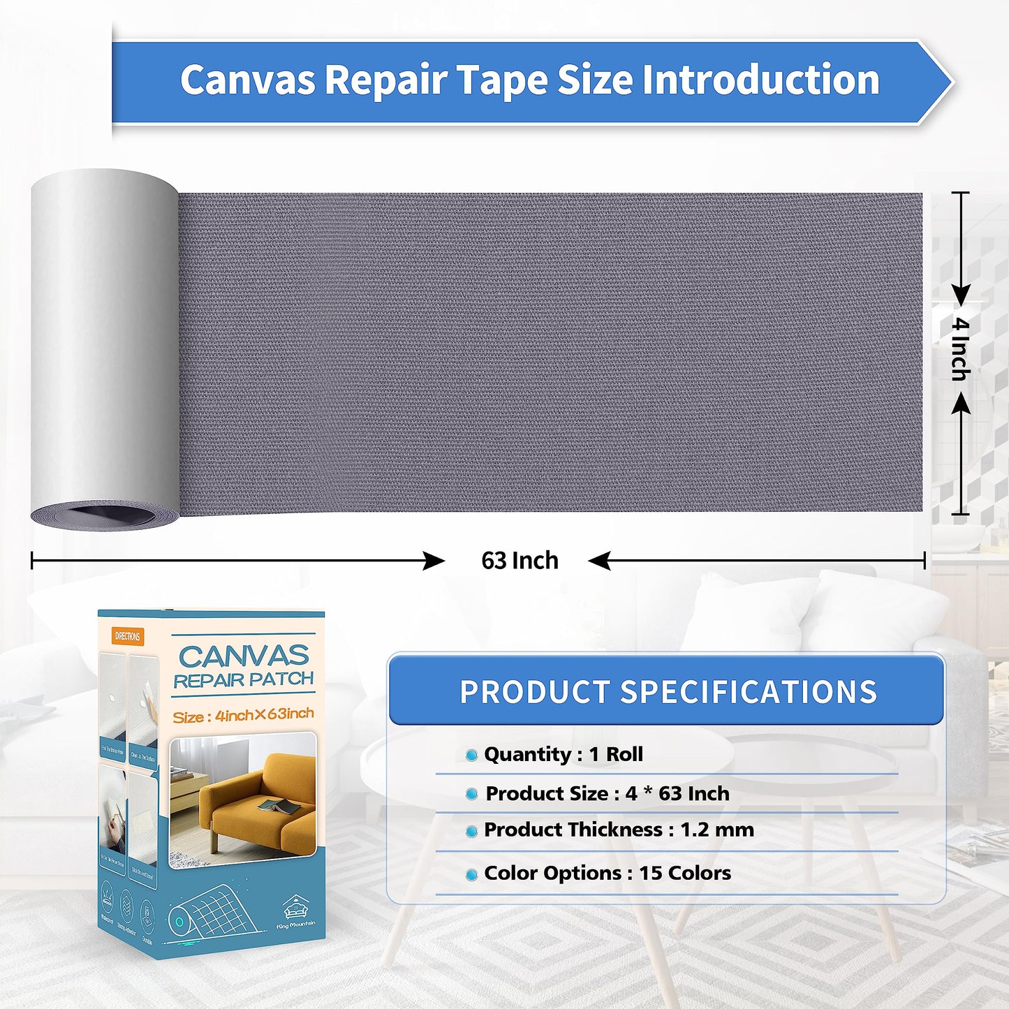 KING MOUNTAIN Canvas Repair Tape,Outdoor Gear Patch, 4×63 Inches,Waterproof,Self-Adhesive for Repairing Boat Covers,Sun Shades,Sofas,Tents,Lounge Chairs,Awnings (Grey)