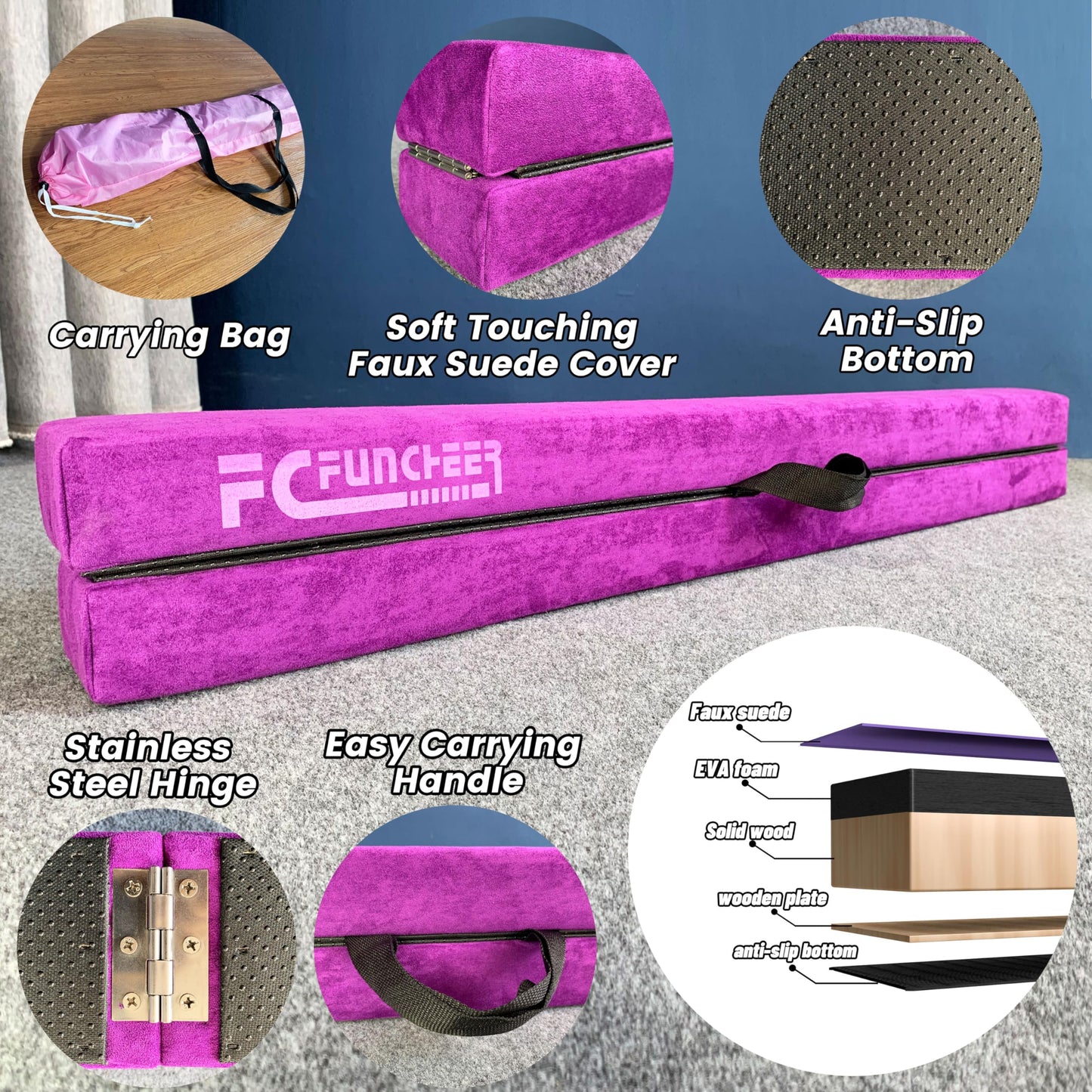FC FUNCHEER 8FT Folding Balance Beam -Gymnastics Floor Beam - Gymnastics Equipment- Anti-Slip Bottom - Suede Cover - Carry Bag for Kids/Adults Home & Gym Center