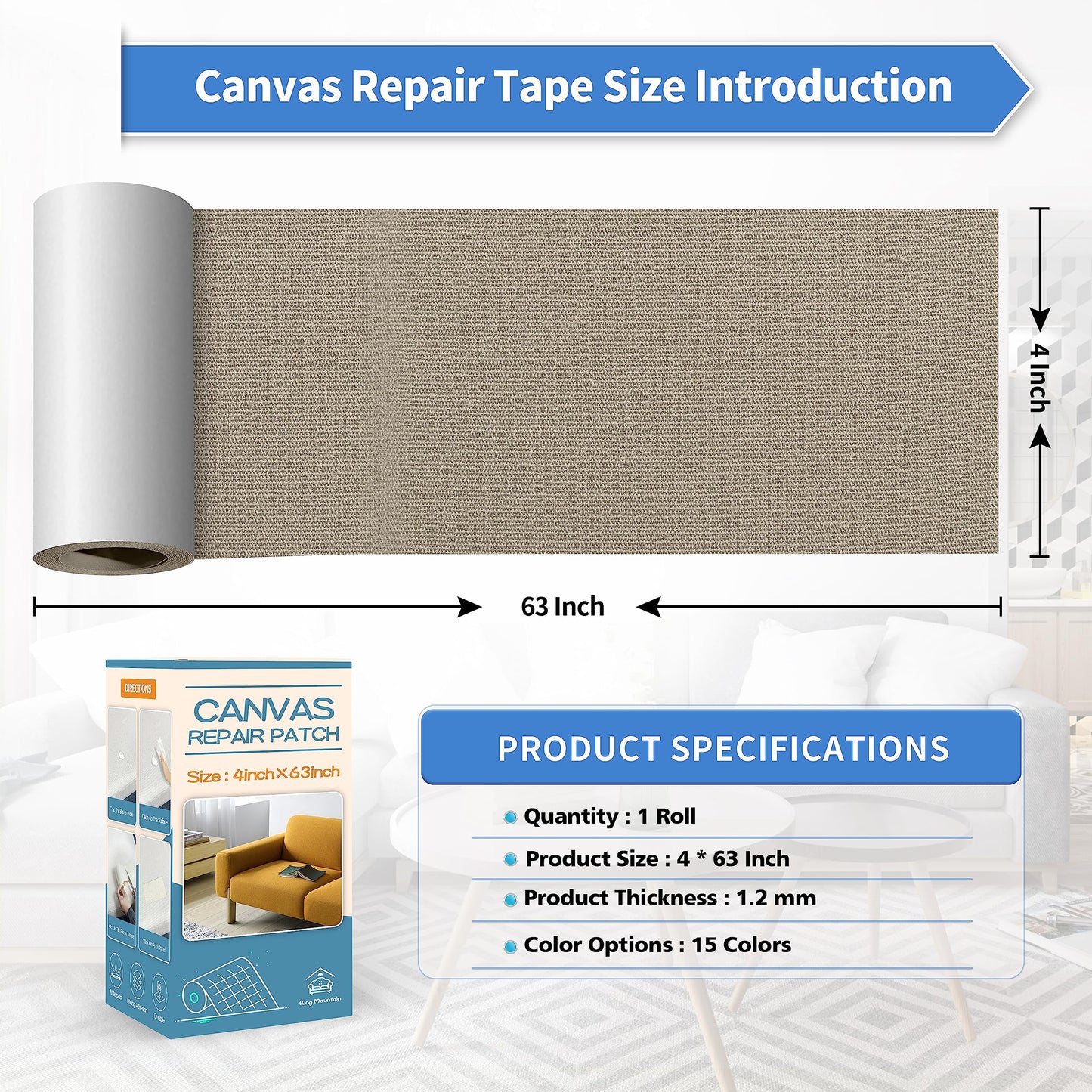 KING MOUNTAIN Canvas Repair Tape,Outdoor Gear Patch, 4×63 Inches,Waterproof,Self-Adhesive for Repairing Boat Covers,Sun Shades,Sofas,Tents,Lounge Chairs,Awnings (Khaki)