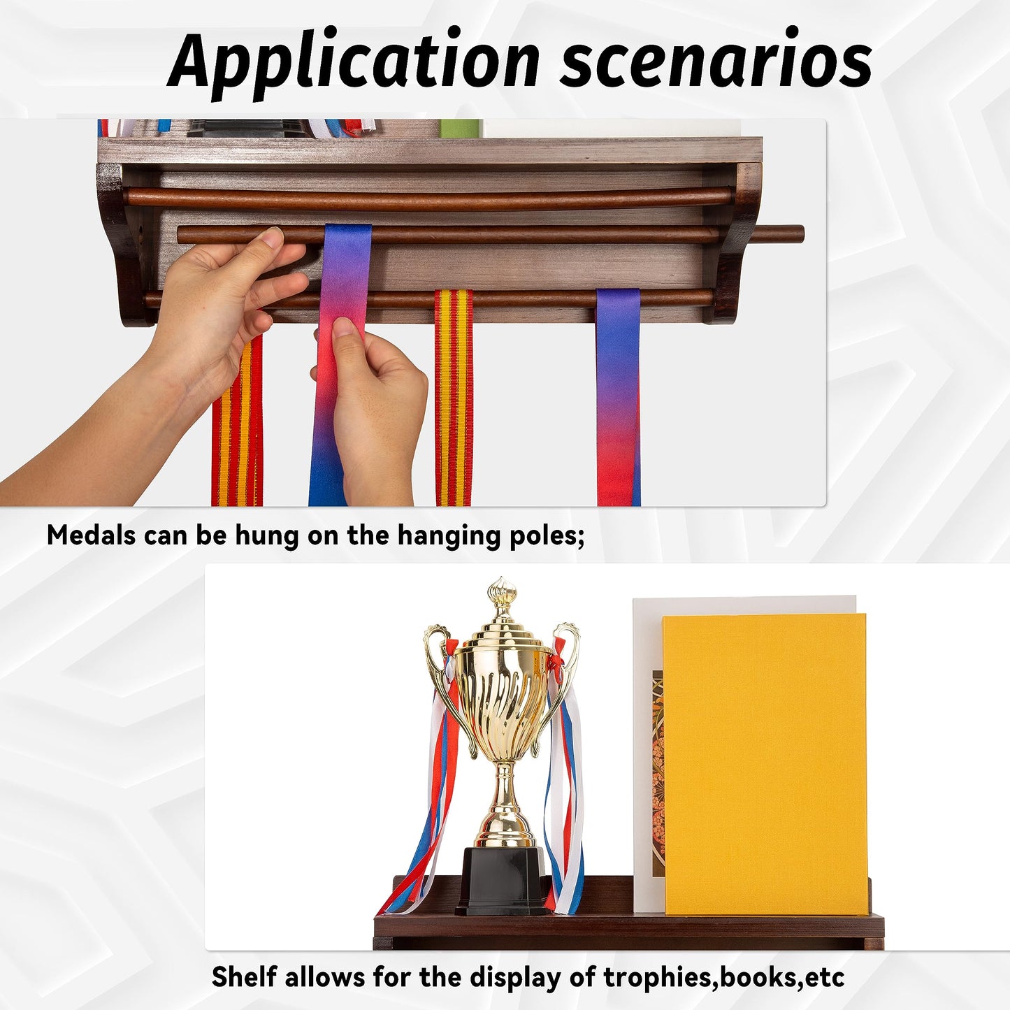 Pllieay Wooden Medal Hanger and Trophy Shelf, Trophy Display Shelf Walnut Medal Hanger Display with Shelf, Medal Holder, Medal Rack, Race Medal Trophy Display Shelf