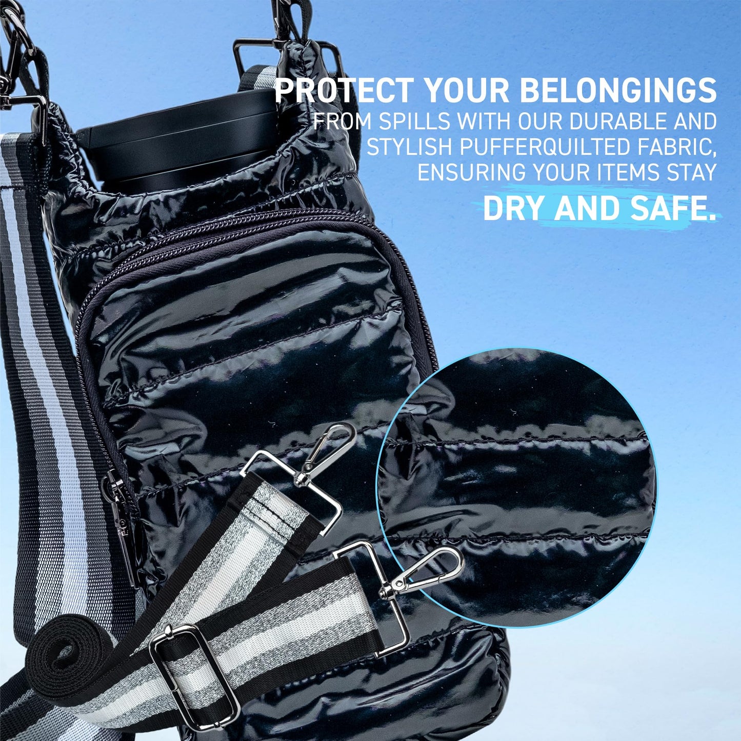 WanderFull Original Crossbody HydroBag | Quilted Water Bottle Carrier | Puffer Tote Tumbler Holder with Pockets for Phone & Accessories | Carry Travel Essentials (Black Glossy/Grey Striped Strap)