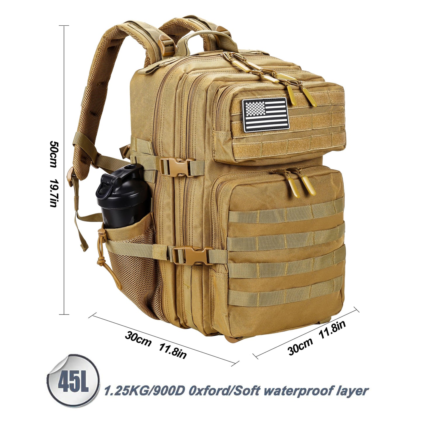 LHI Military Tactical Backpack for Men and Women 45L Army 3 Days Assault Pack Bag Large Rucksack with Molle System - Khaki