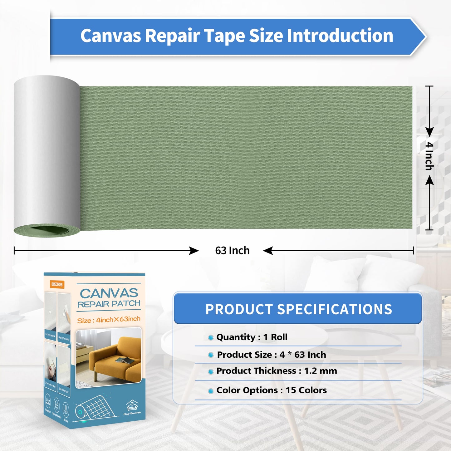 KING MOUNTAIN Canvas Repair Tape,Outdoor Gear Patch, 4×63 Inches,Waterproof,Self-Adhesive for Repairing Boat Covers,Sun Shades,Sofas,Tents,Lounge Chairs,Awnings (Grass Green)