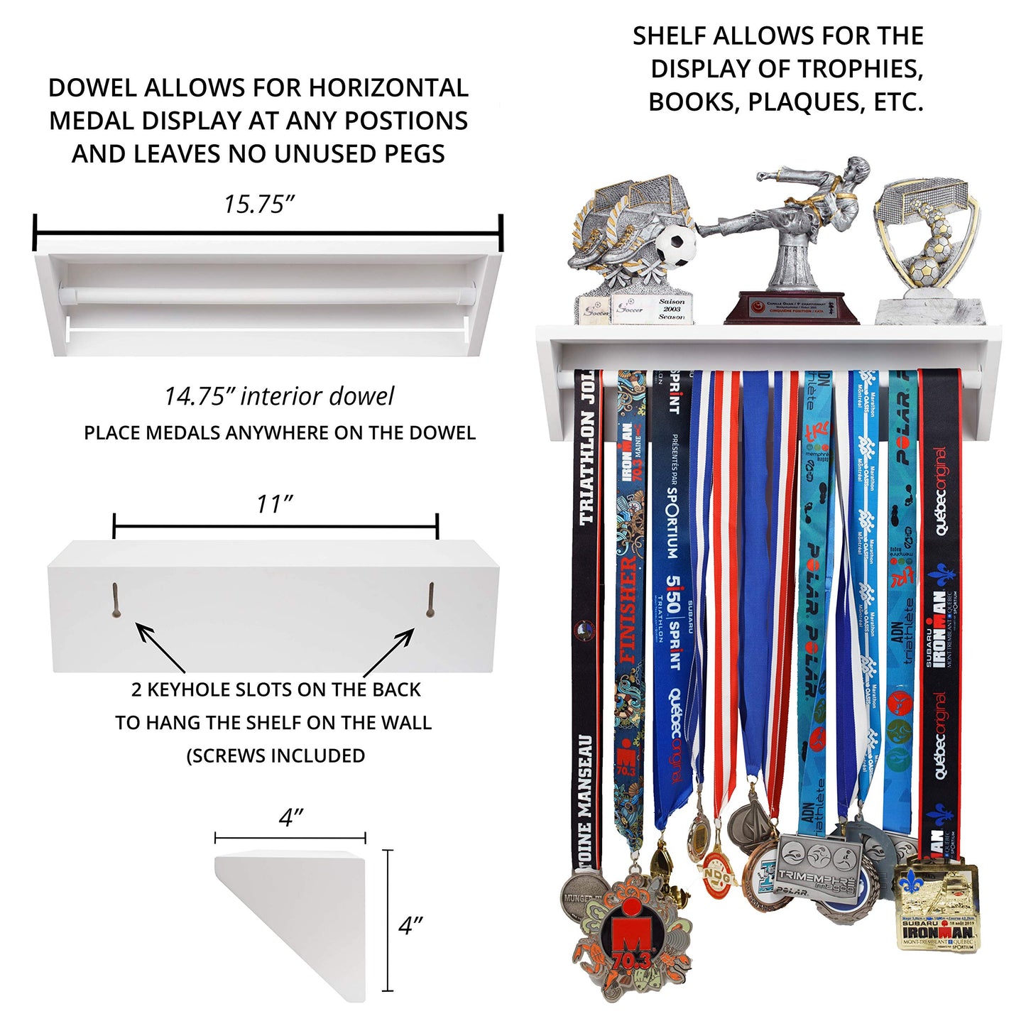 Paisa Home - Medal Hanger & Trophy Shelf- Use as a Medal Display with Shelf, Trophy Rack, Medal Holder and Medal Display Hanger, Race Medal Display and Medal Hanger with Shelf… (White)