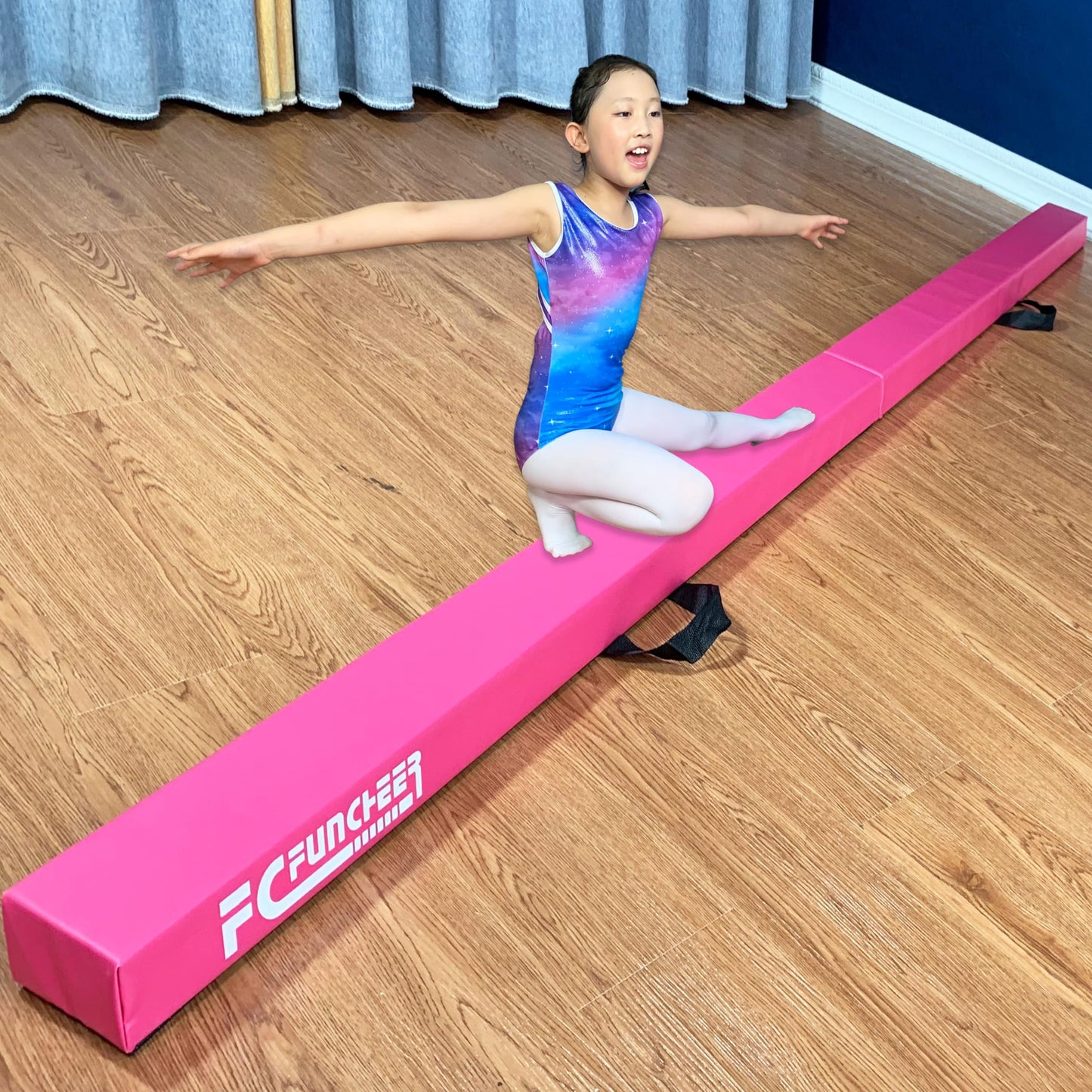 FC FUNCHEER 8FT Folding Balance Beam Gymnastics Beam Wood core Floor Beam with Anti-Slip Bottom Stainless Hinge and Carrying Bag … (Polyester, Light Pink)