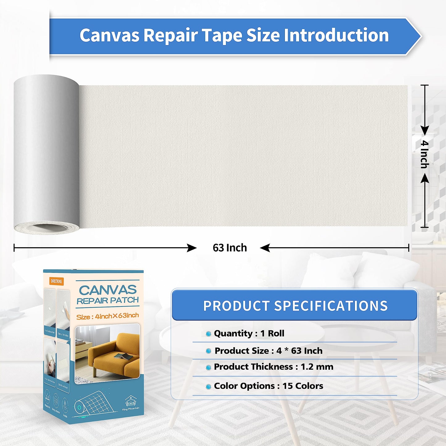 KING MOUNTAIN Canvas Repair Tape,Outdoor Gear Patch, 4×63 Inches,Waterproof,Self-Adhesive for Repairing Boat Covers,Sun Shades,Sofas,Tents,Lounge Chairs,Awnings (Off White)