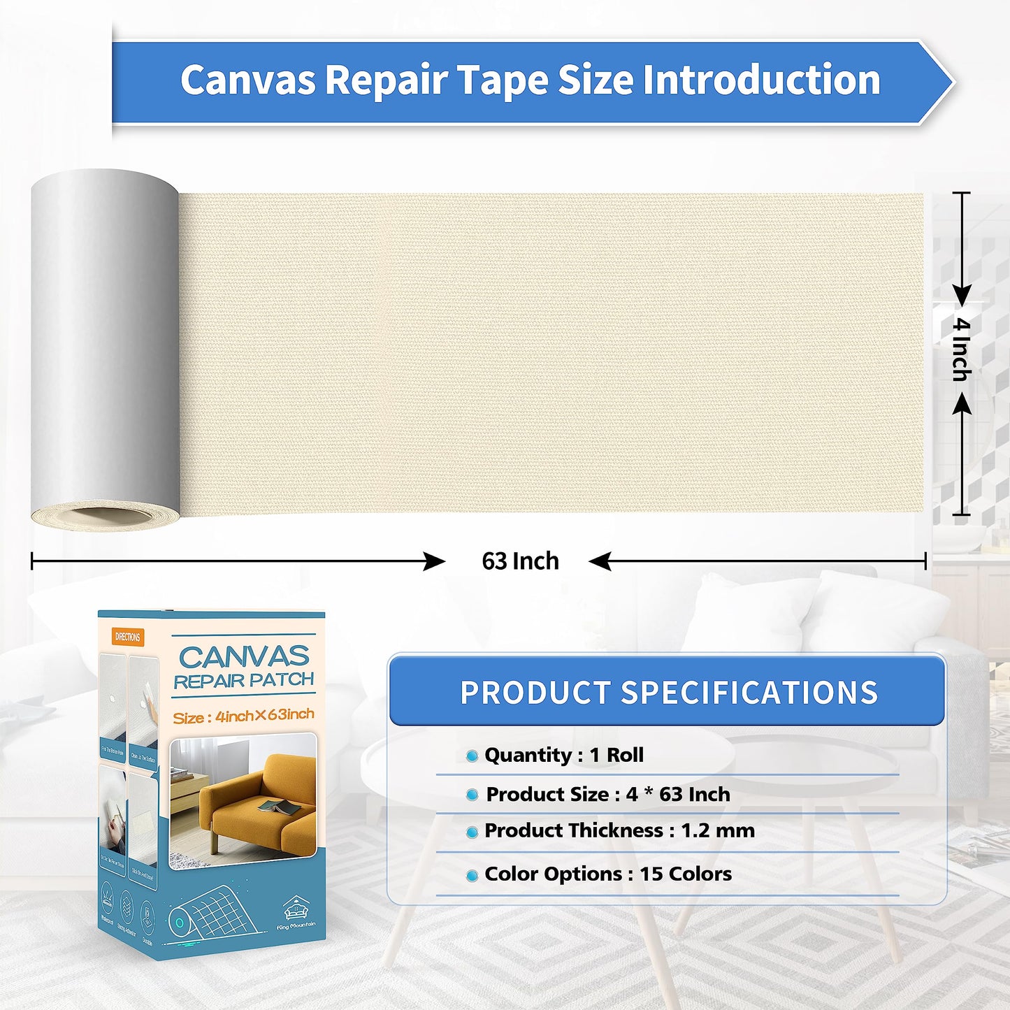 KING MOUNTAIN Canvas Repair Tape,Outdoor Gear Patch, 4×63 Inches,Waterproof,Self-Adhesive for Repairing Boat Covers,Sun Shades,Sofas,Tents,Lounge Chairs,Awnings (Beige2.0)