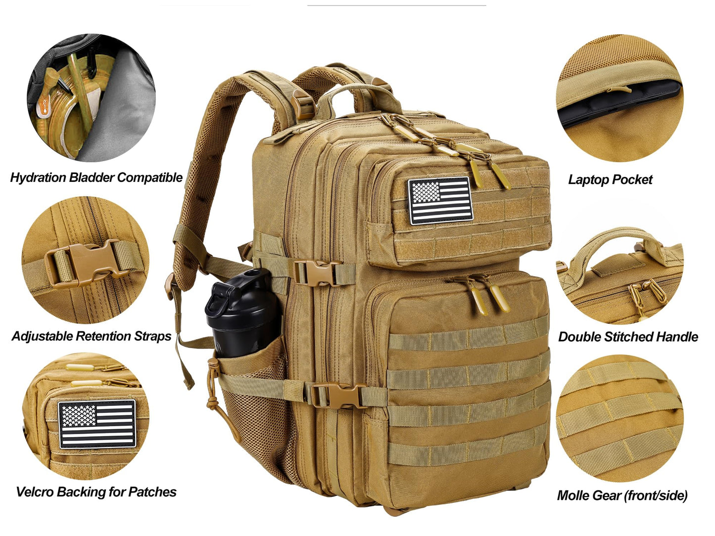 LHI Military Tactical Backpack for Men and Women 45L Army 3 Days Assault Pack Bag Large Rucksack with Molle System - Khaki
