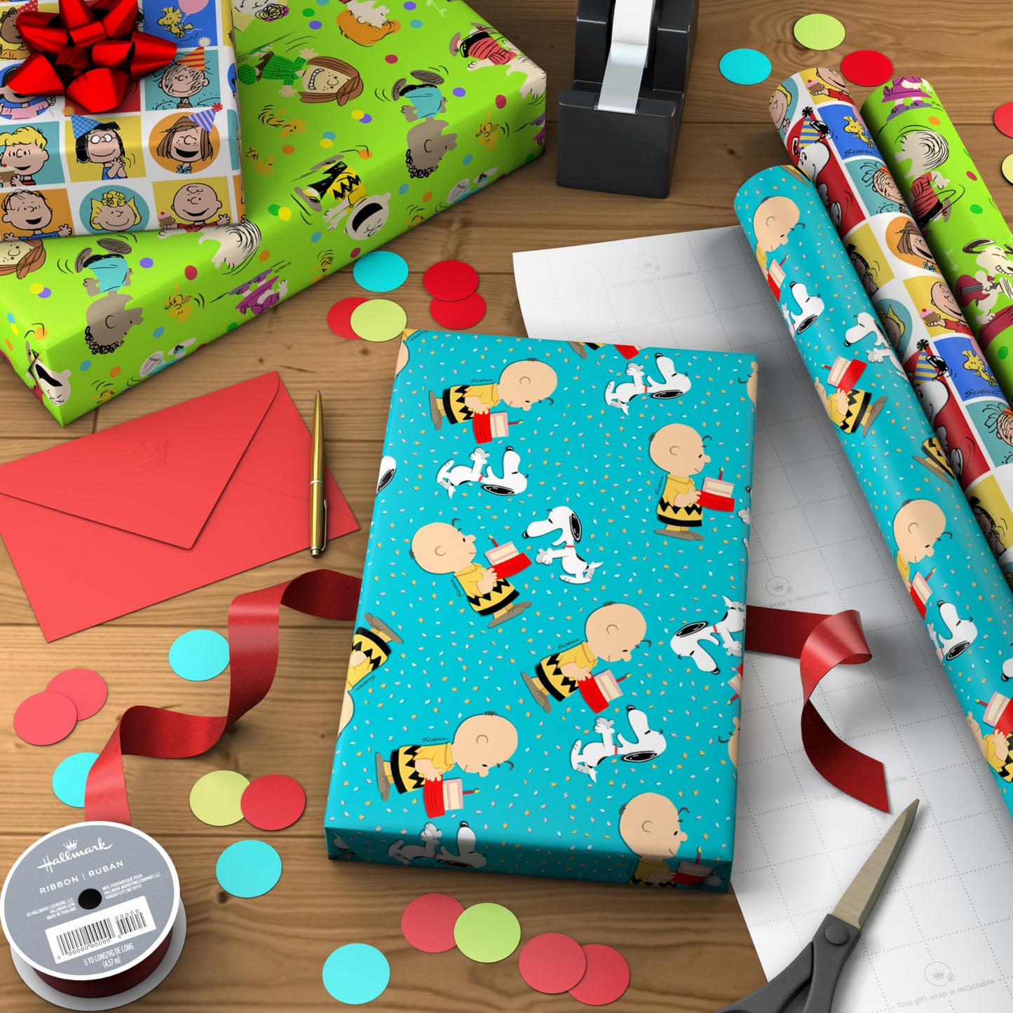 Hallmark Peanuts Wrapping Paper Rolls for Birthdays, Easter, Christmas (Set of 3 Rolls: 60 Sq. Ft. Total) Snoopy, Charlie Brown, Woodstock, Green, Blue, Red