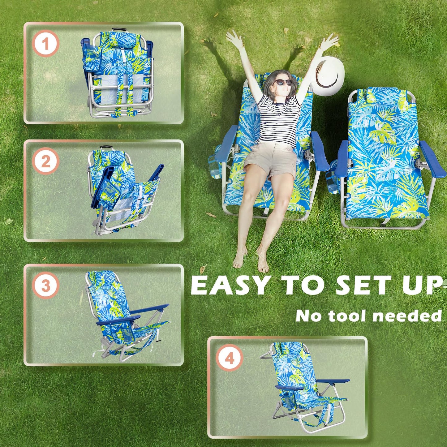 PRETZI Backpack Beach Chairs for Adults - Folding Heavy Duty Camping Chair with Storage Pouch, Cup Holder & Towel Rack, Lightweight & Adjustable Chair for Outdoor,Travel (2pcs / Tropical Foliage)