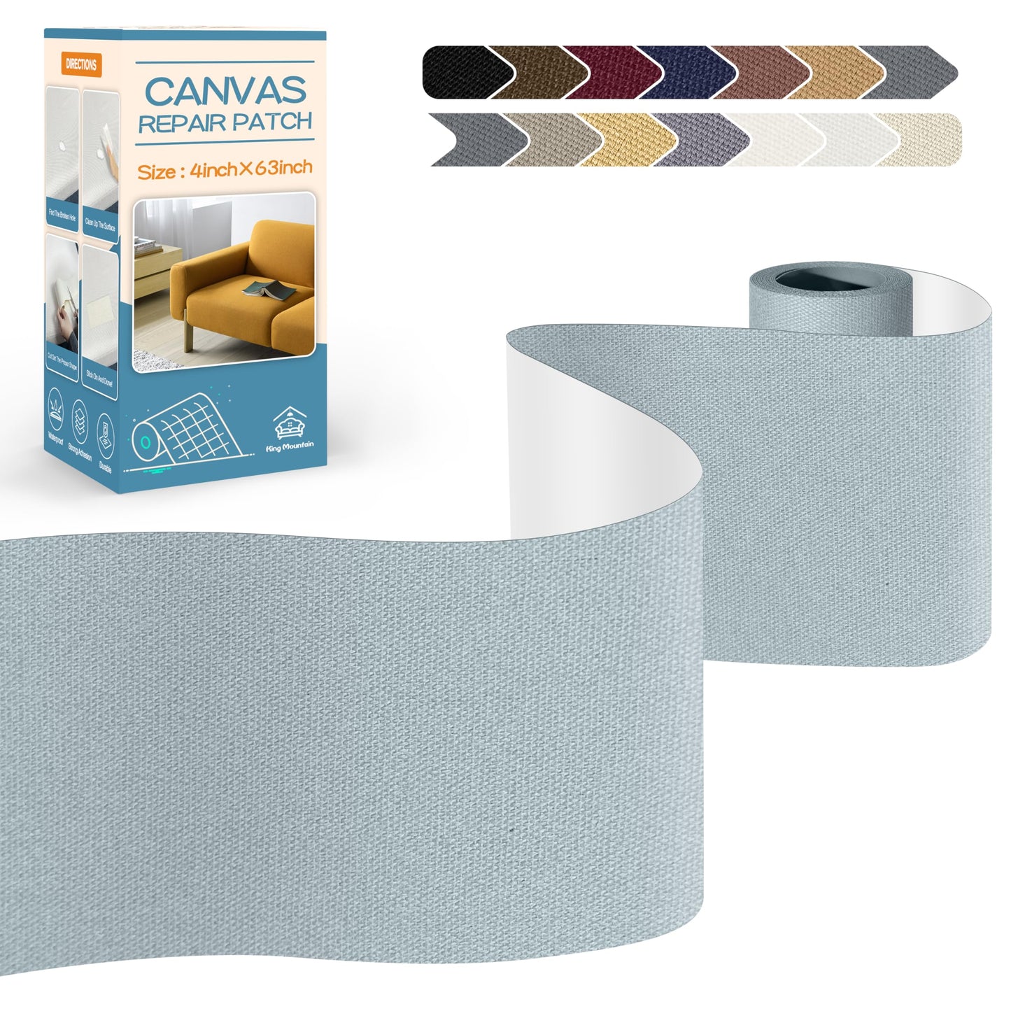 KING MOUNTAIN Canvas Repair Tape,Outdoor Gear Patch, 4×63 Inches,Waterproof,Self-Adhesive for Repairing Boat Covers,Sun Shades,Sofas,Tents,Lounge Chairs,Awnings (Light Grey-1)