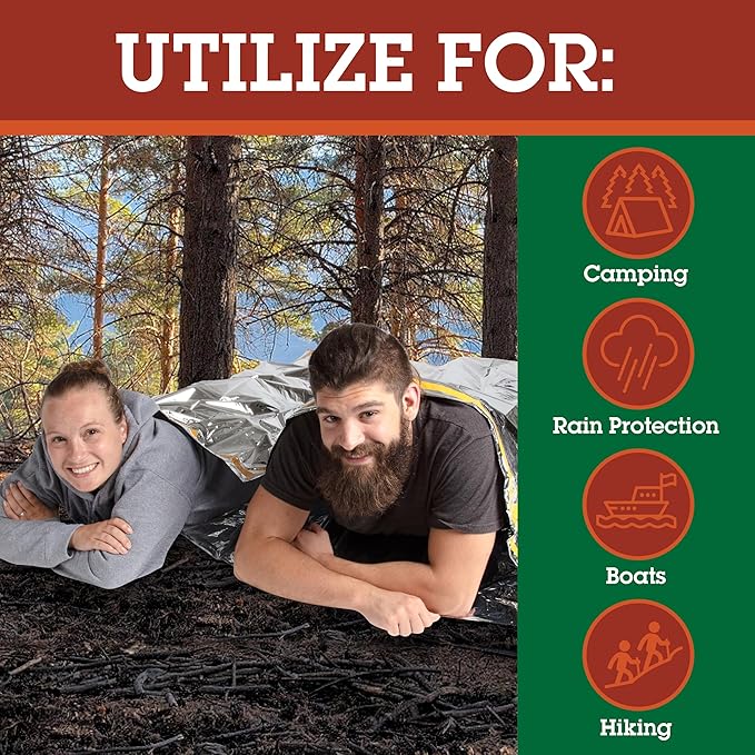 Emergency Thermal Mylar 2 Person Sleeping Bags -Ultra Compact for Camping, Survival, Disaster Bivouac Shelter- Pocket Sized, 7.25ft x 5.25ft - Retains 90% of Body Heat and Repels Wind & Water