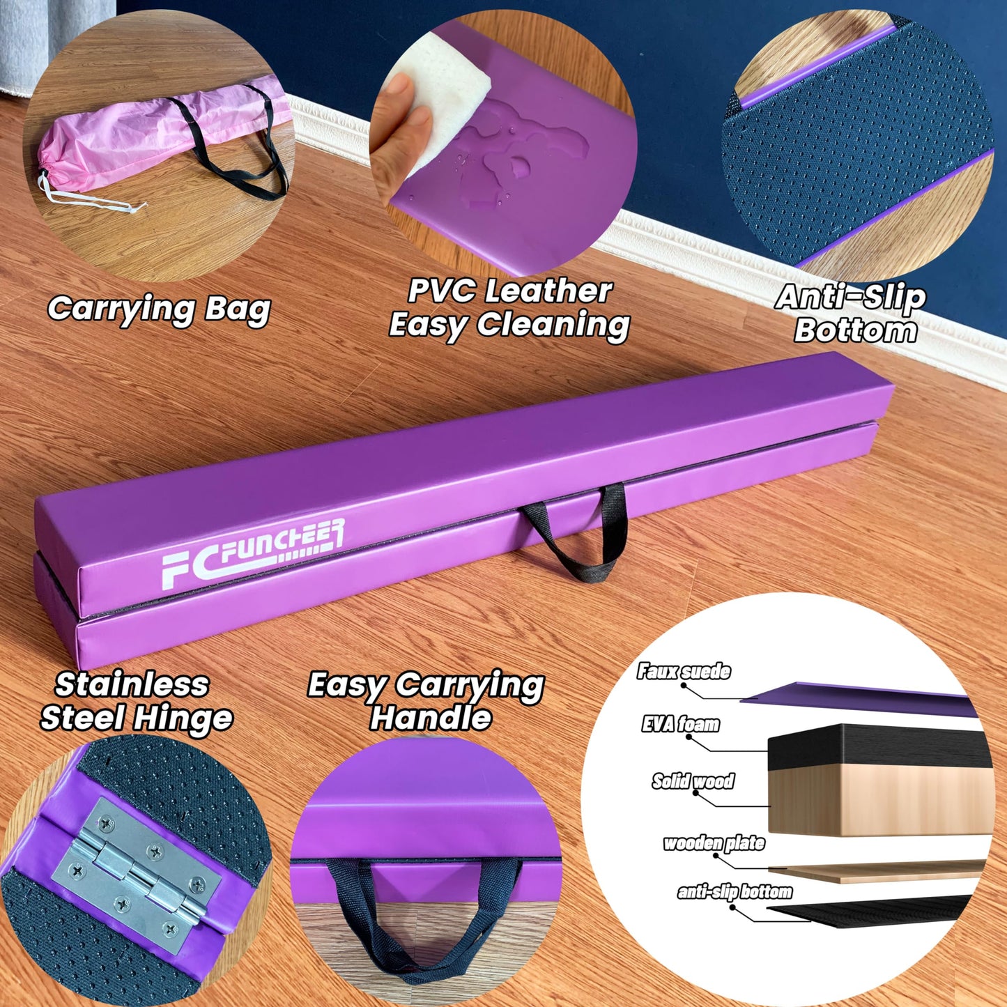 FC FUNCHEER 8FT Folding Balance Beam Gymnastics Beam Wood core Floor Beam with Anti-Slip Bottom Stainless Hinge and Carrying Bag … (Polyester, Light Purple)