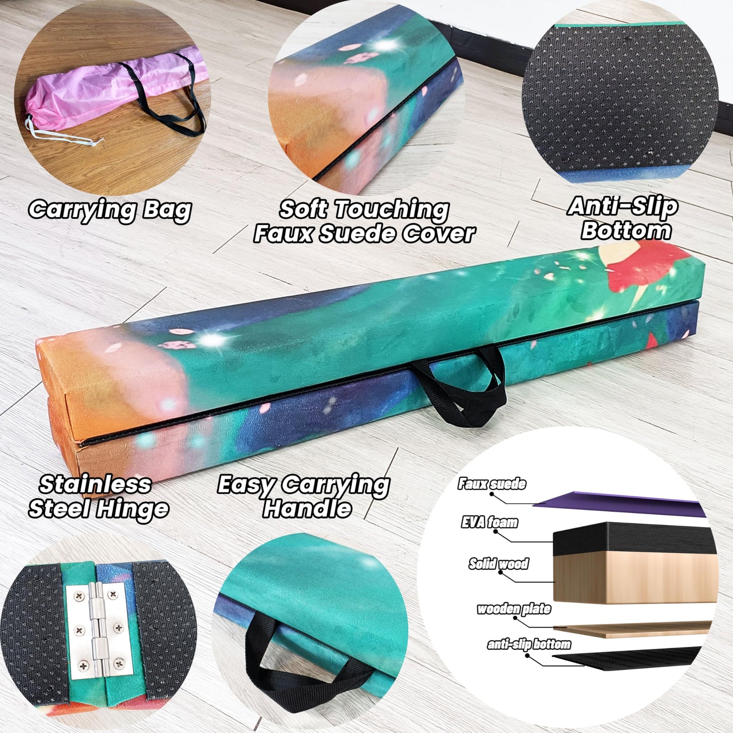 FC FUNCHEER 8FT Folding Balance Beam -Gymnastics Floor Beam - Gymnastics Equipment- Anti-Slip Bottom - Suede Cover - Carry Bag for Kids/Adults Home & Gym Center