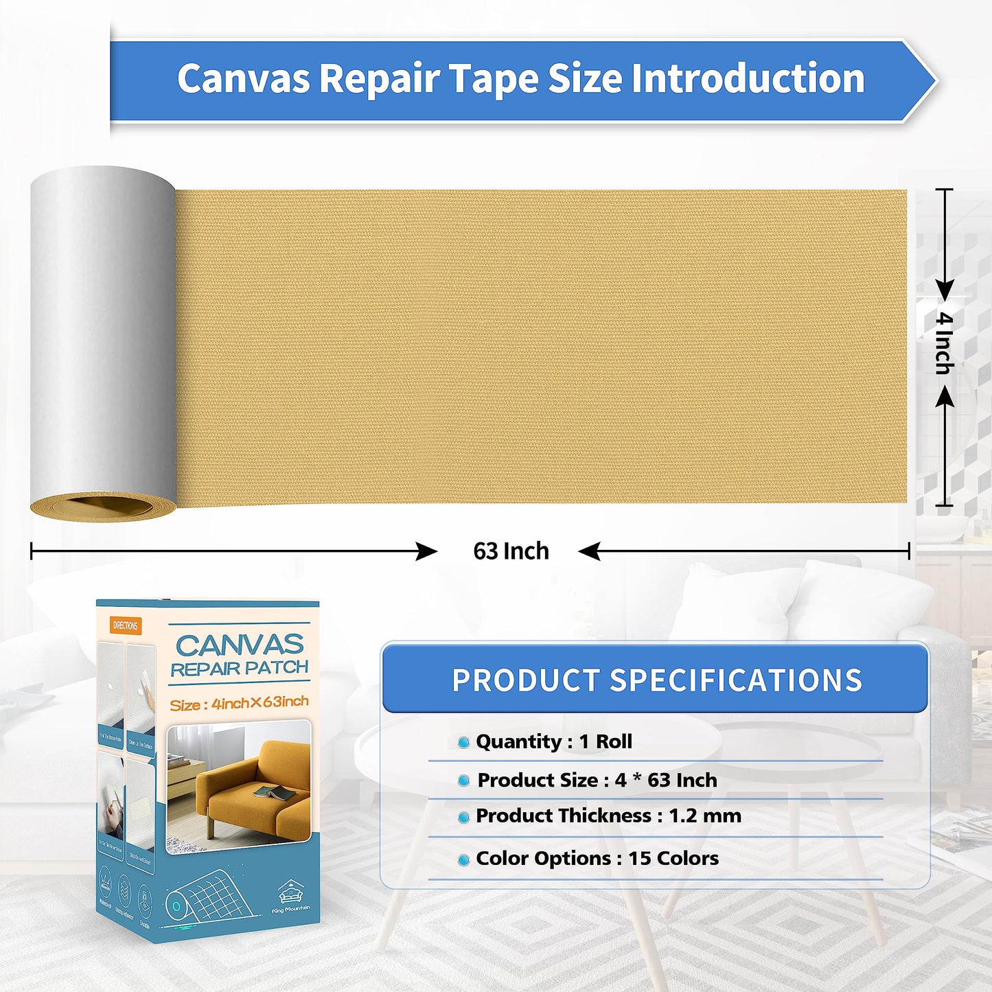 KING MOUNTAIN Canvas Repair Tape,Outdoor Gear Patch, 4×63 Inches,Waterproof,Self-Adhesive for Repairing Boat Covers,Sun Shades,Sofas,Tents,Lounge Chairs,Awnings (Beige-1)