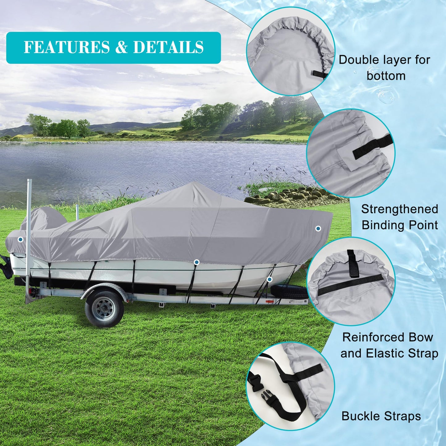 Comcaver Trailerable Boat Cover, Heavy Duty 800D 100% Waterproof Marine Grade Oxford Cloth, Weather Resistant Windproof UV & Tear-Resistant V-Hull Boat Cover, 14-16ft Long by 68in Wide, Light Grey