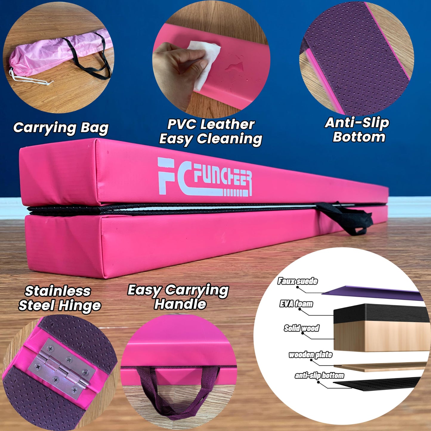 FC FUNCHEER 8FT Folding Balance Beam Gymnastics Beam Wood core Floor Beam with Anti-Slip Bottom Stainless Hinge and Carrying Bag … (Polyester, Light Pink)