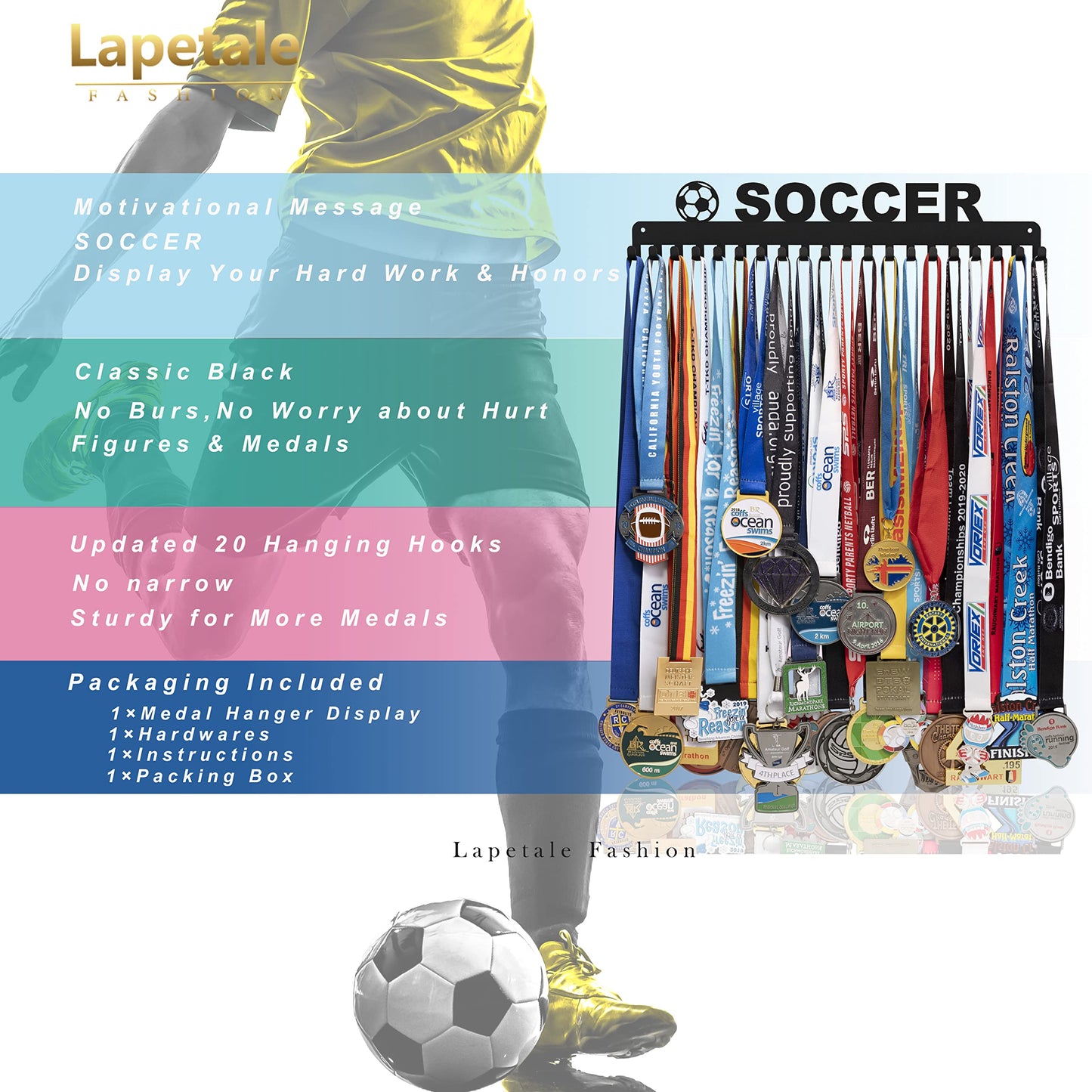 Lapetale Fashion Soccer Medal Hanger Display Medal Holder Hanger Display Rack,Easy Install Easy to Use,Soccer Medal Display Rack, Soccer Medal Hanger with 20PCS Hanging Hooks Upgraded Extension Hooks