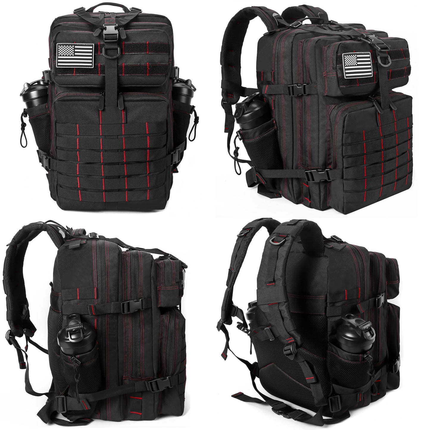 LHI Military Tactical Backpack for Men and Women 45L Army 3 Days Assault Pack Bag Large Rucksack with Molle System - Black with Red Line