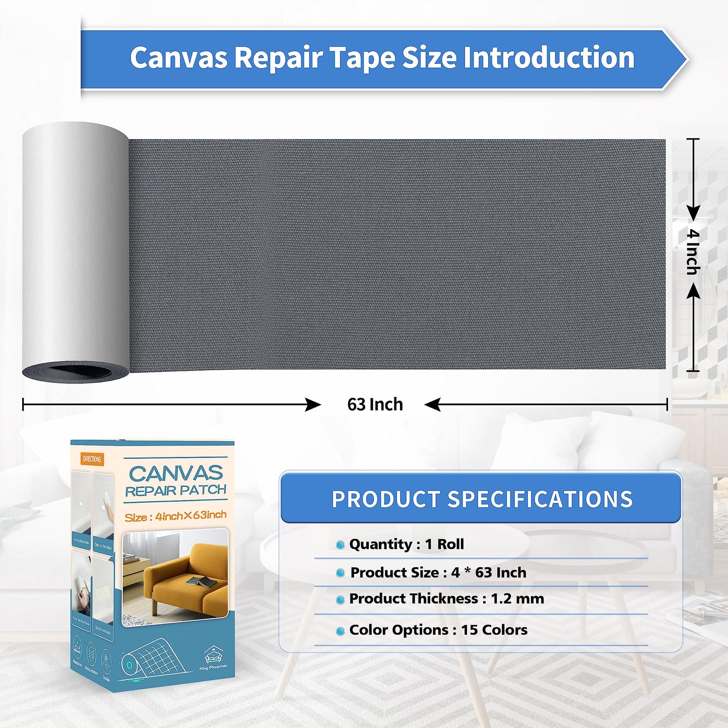 KING MOUNTAIN Canvas Repair Tape,Outdoor Gear Patch, 4×63 Inches,Waterproof,Self-Adhesive for Repairing Boat Covers,Sun Shades,Sofas,Tents,Lounge Chairs,Awnings (Charcoal Grey)