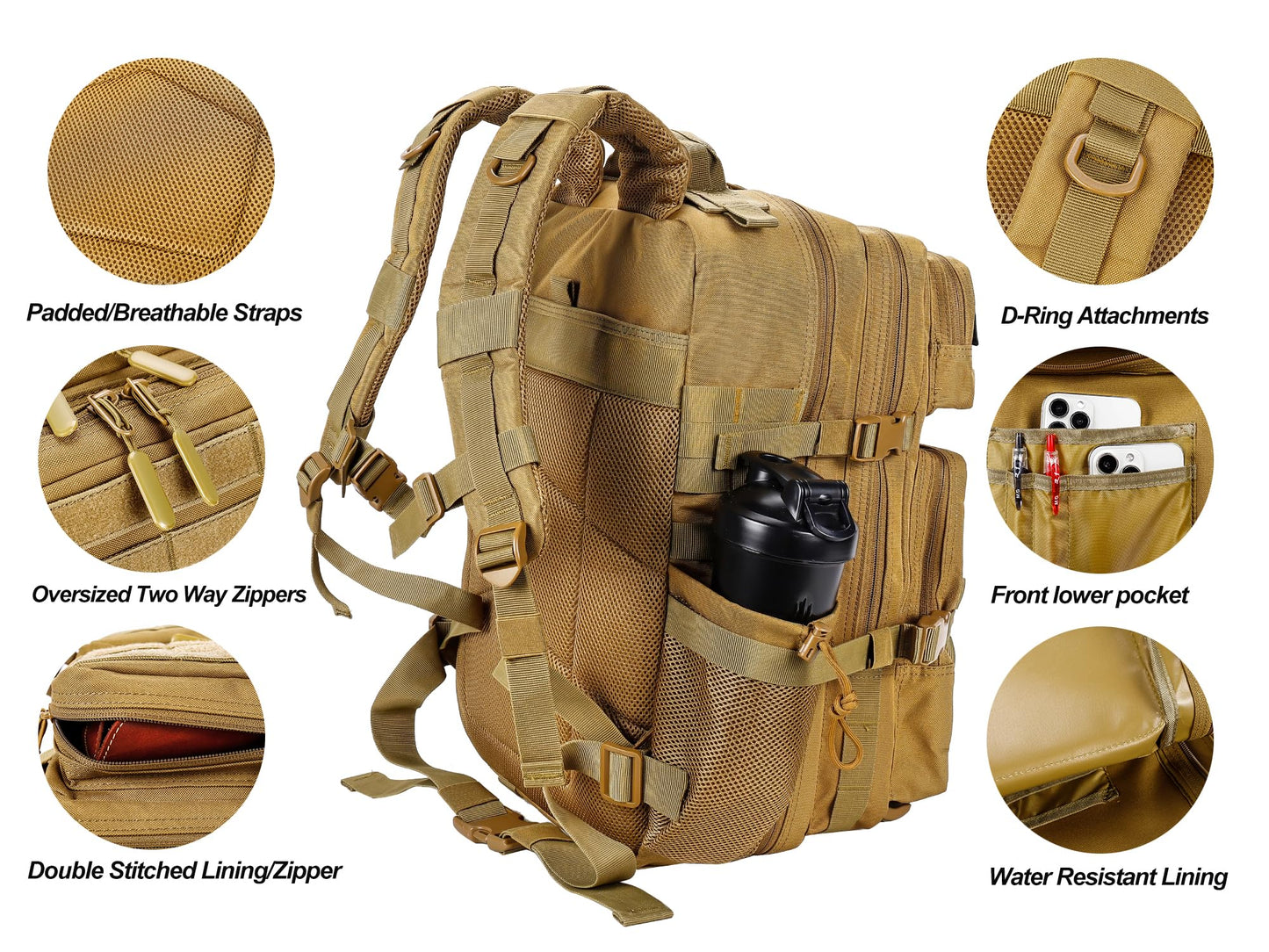 LHI Military Tactical Backpack for Men and Women 45L Army 3 Days Assault Pack Bag Large Rucksack with Molle System - Khaki