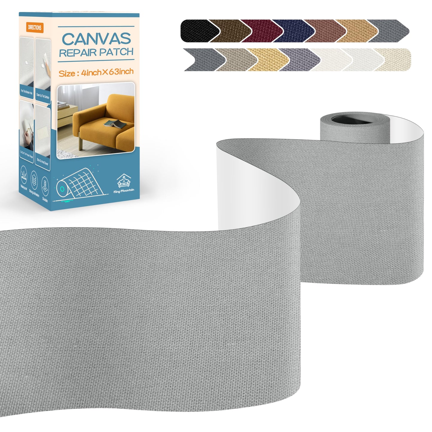 KING MOUNTAIN Canvas Repair Tape,Outdoor Gear Patch, 4×63 Inches,Waterproof,Self-Adhesive for Repairing Boat Covers,Sun Shades,Sofas,Tents,Lounge Chairs,Awnings (Grey2.0)