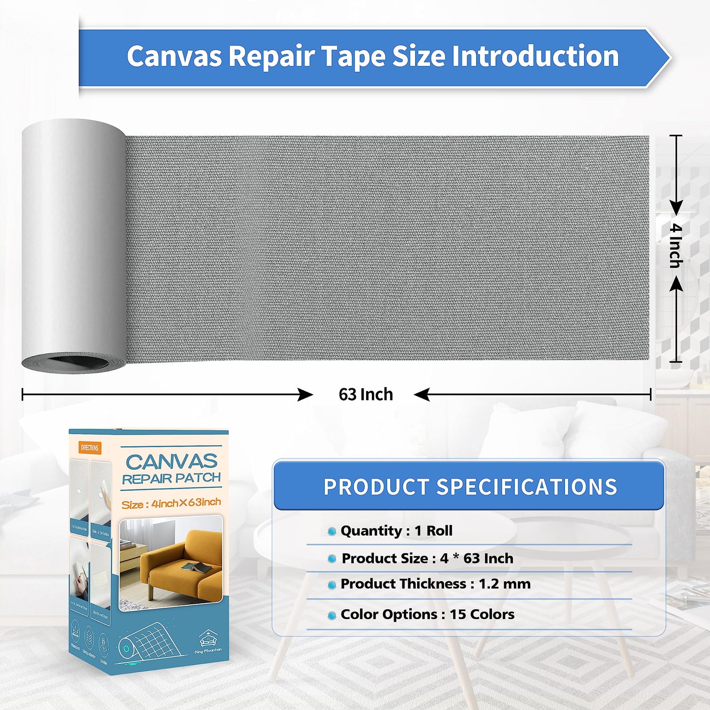 KING MOUNTAIN Canvas Repair Tape,Outdoor Gear Patch, 4×63 Inches,Waterproof,Self-Adhesive for Repairing Boat Covers,Sun Shades,Sofas,Tents,Lounge Chairs,Awnings (Grey2.0)